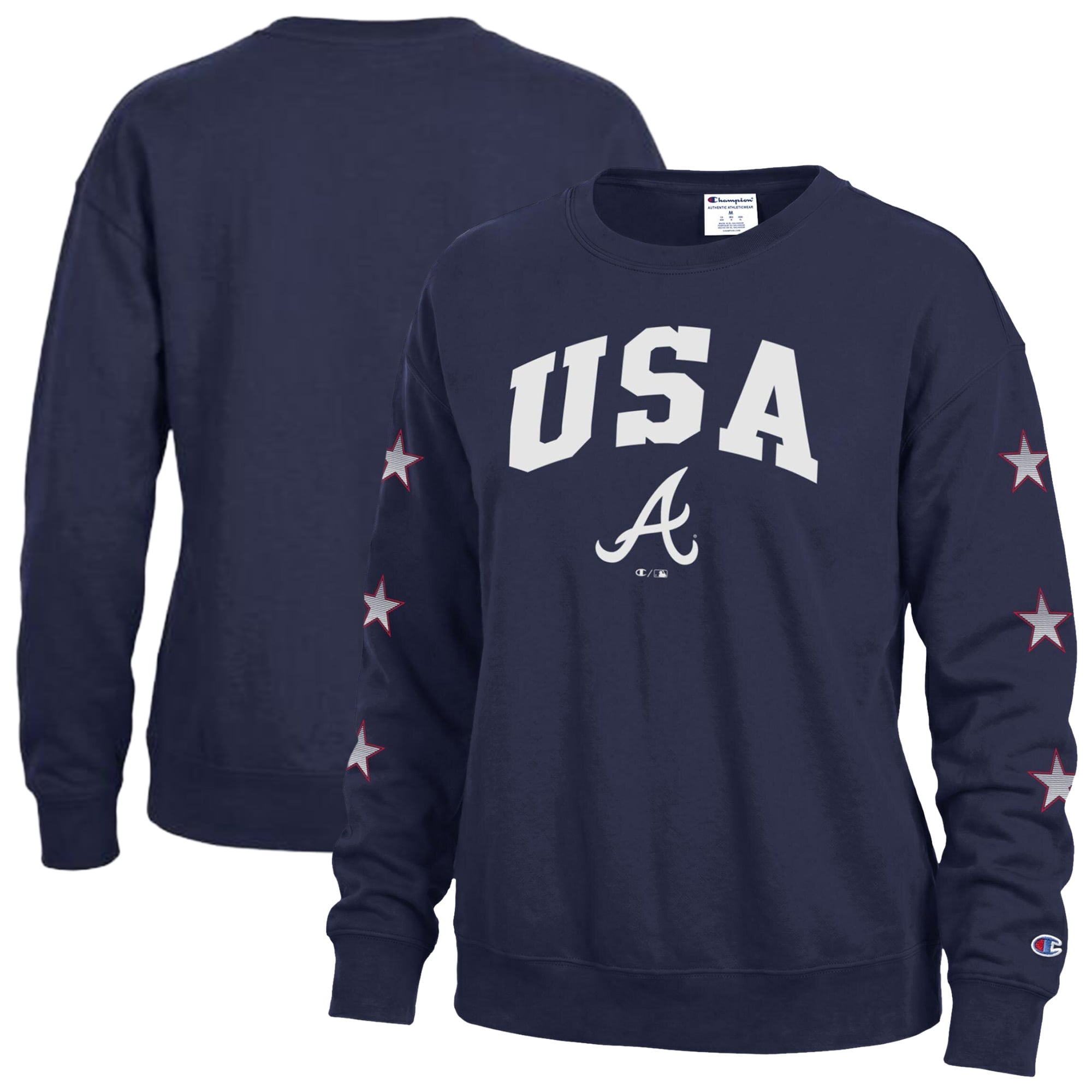 Women's Champion Navy Atlanta Braves Americana Fleece Crewneck Sweatshirt
