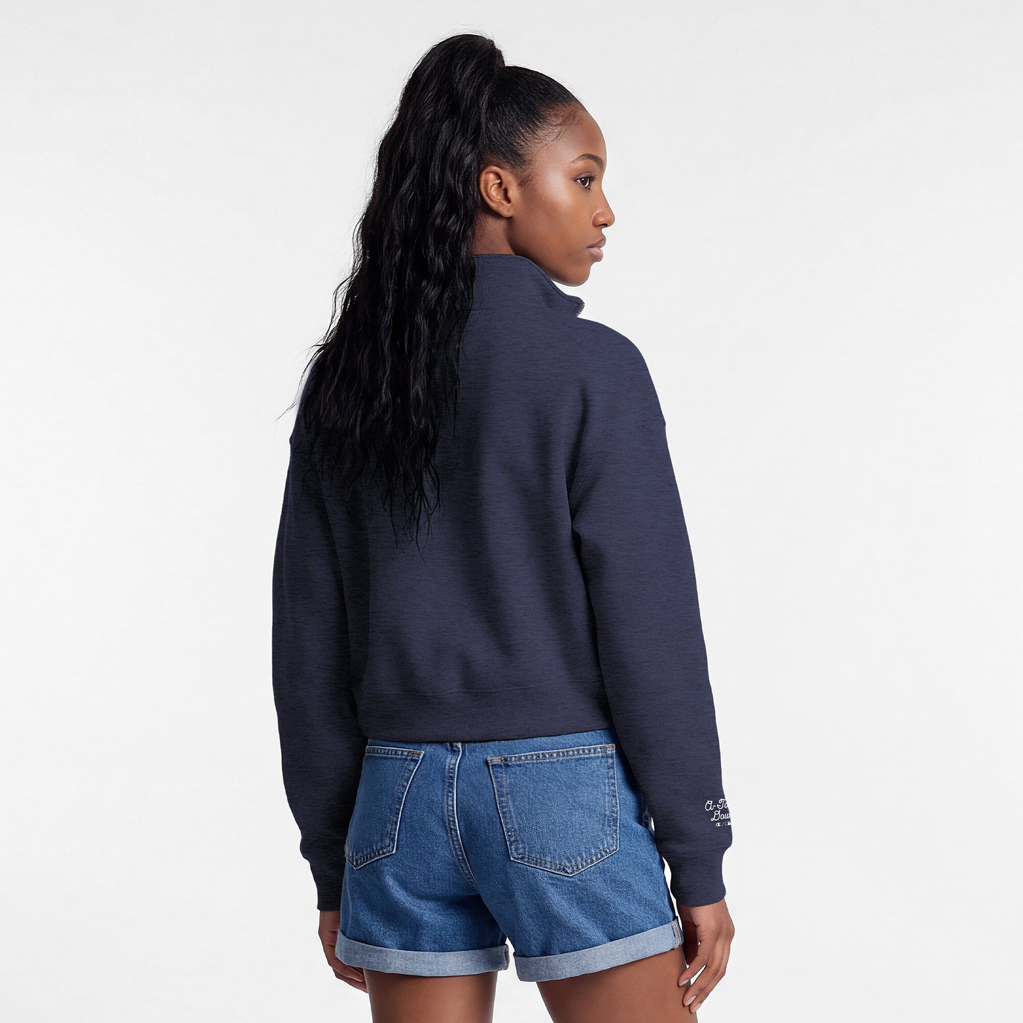 Pull court à col zippé Champion bleu marine Atlanta Braves Triumph en polaire tri-blend pour femme