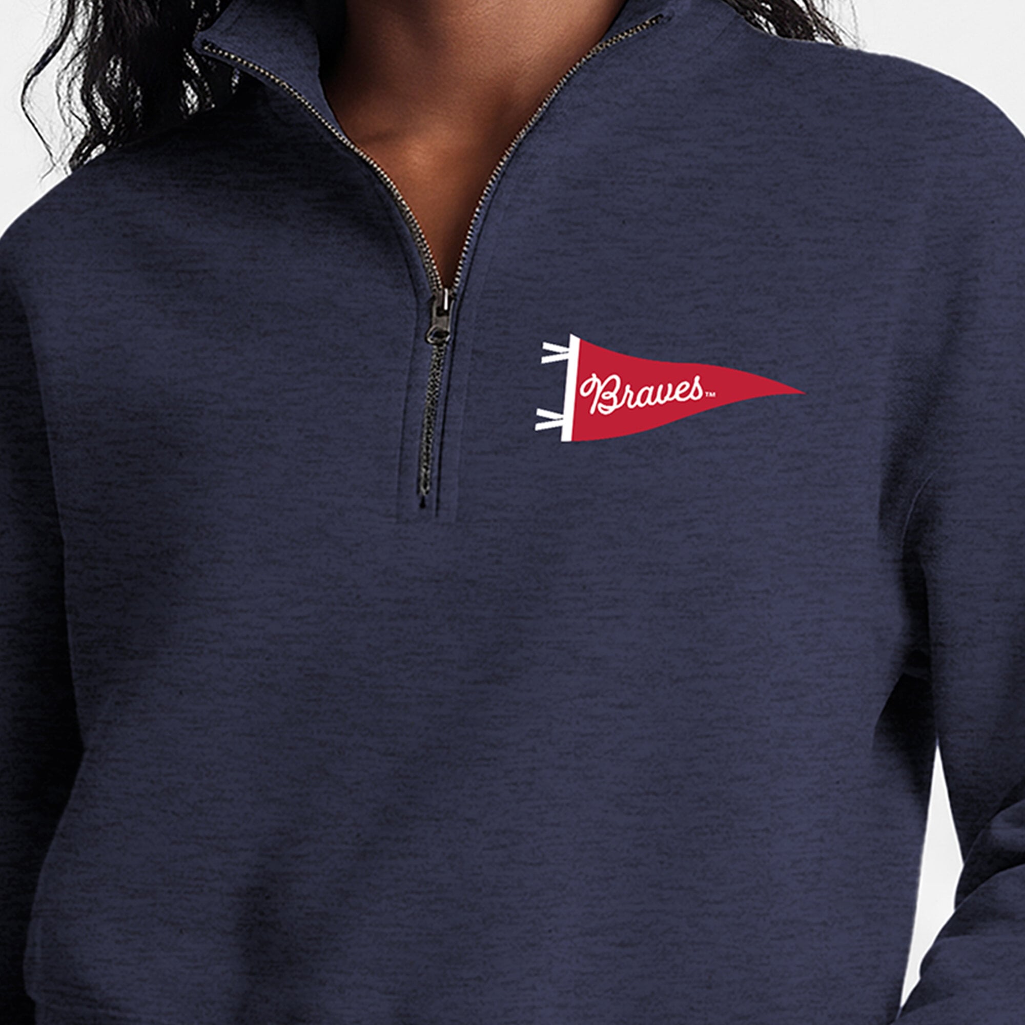 Pull court à col zippé Champion bleu marine Atlanta Braves Triumph en polaire tri-blend pour femme