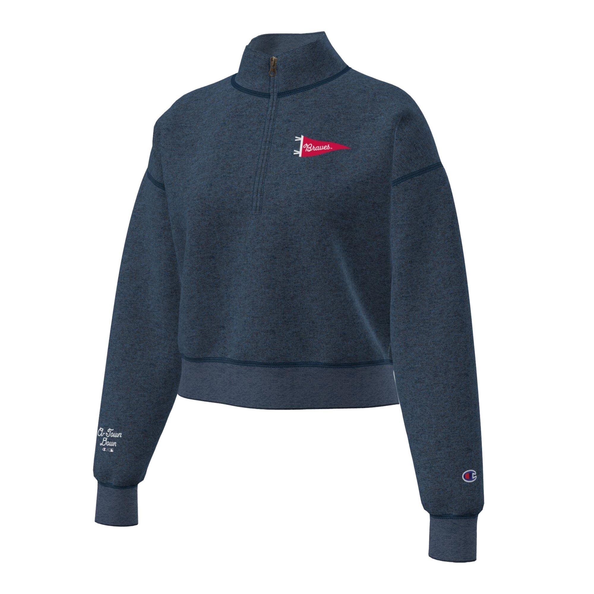 Pull court à col zippé Champion bleu marine Atlanta Braves Triumph en polaire tri-blend pour femme