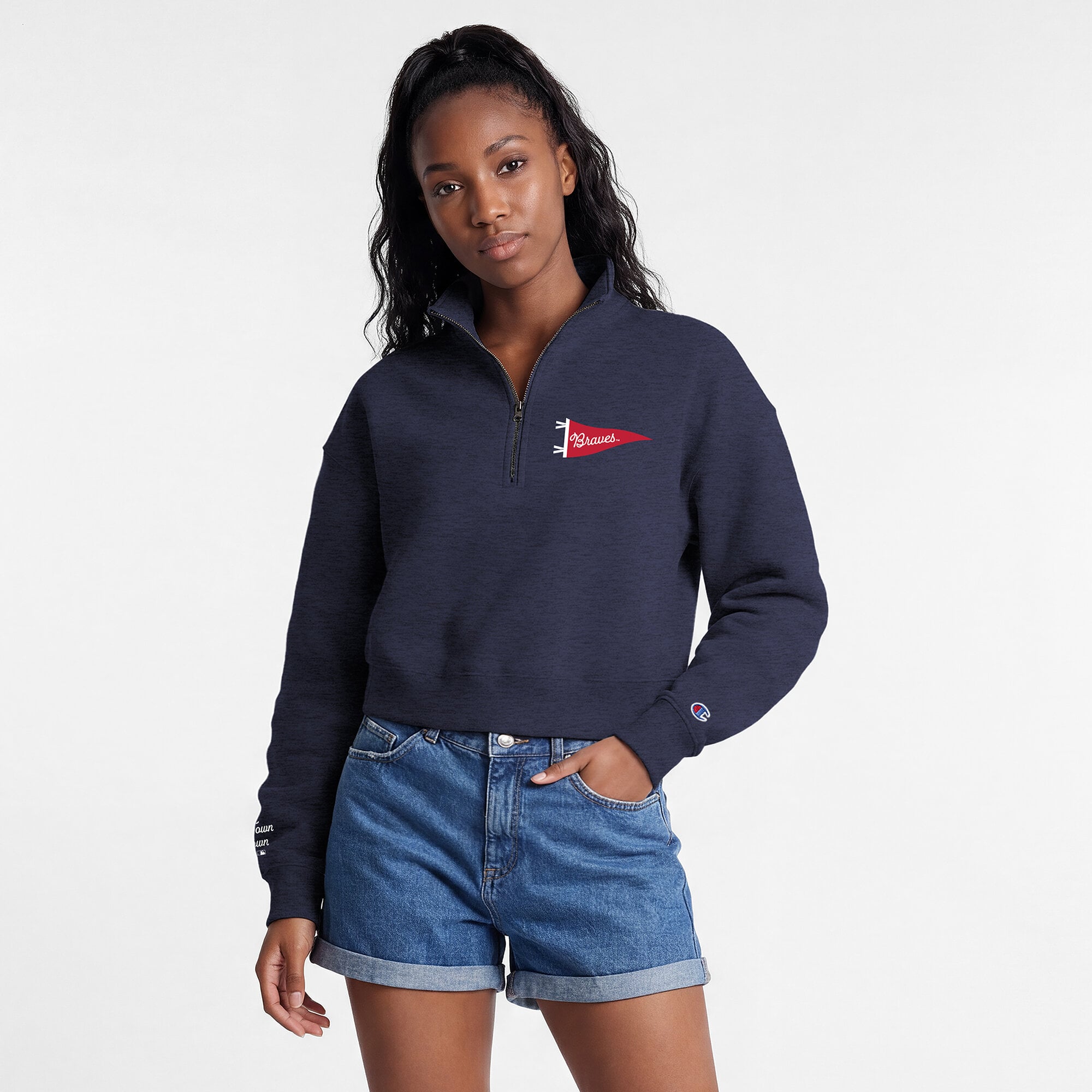 Pull court à col zippé Champion bleu marine Atlanta Braves Triumph en polaire tri-blend pour femme