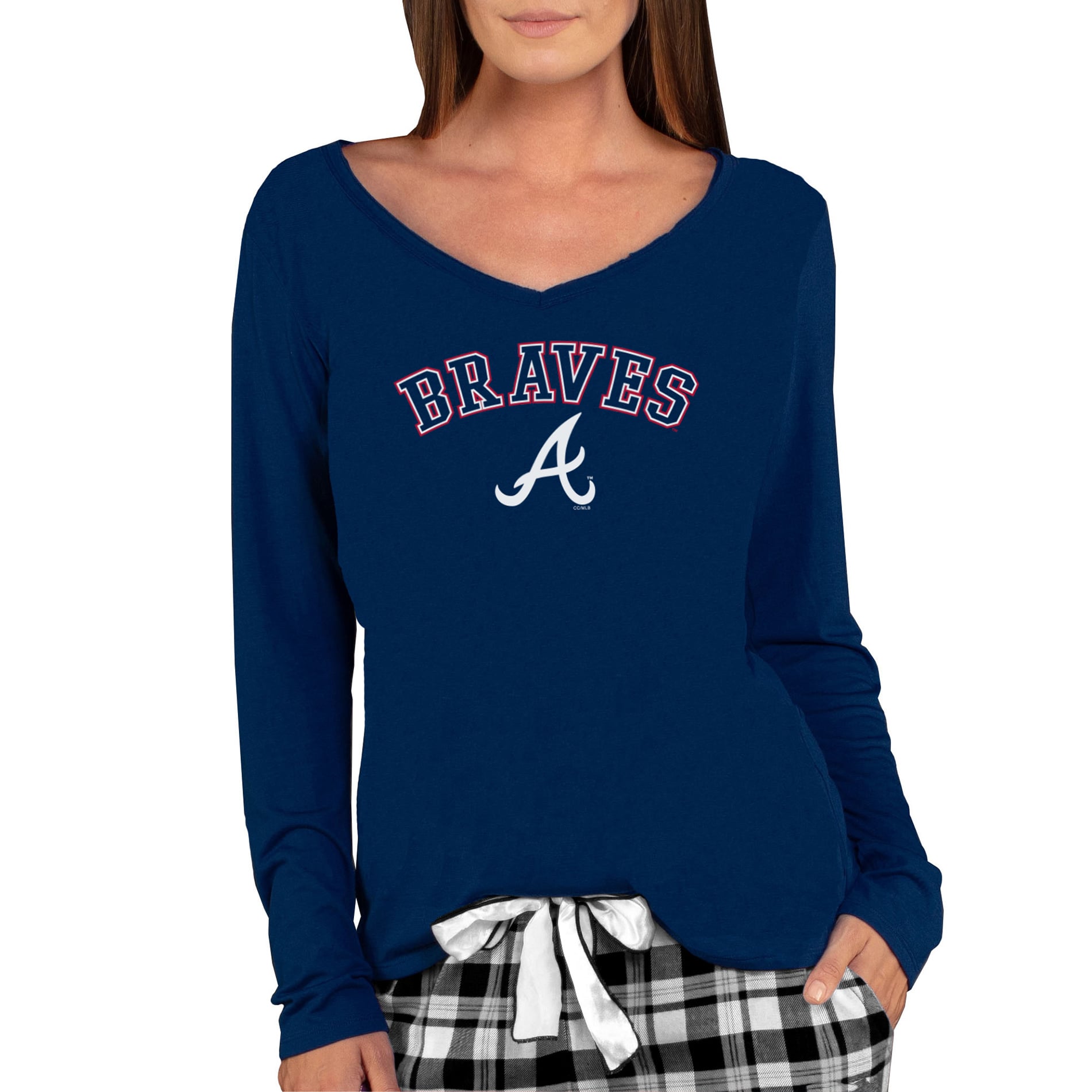 T-shirt à manches longues et col en V maille Atlanta Braves Marathon pour femme, bleu marine, de Concepts Sport
