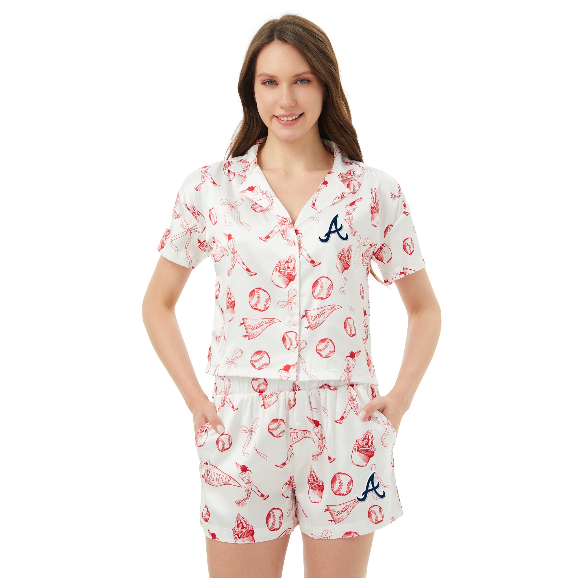 Women's Concepts Sport  White Atlanta Braves Hilton Satin Allover Print Button-Up Shirt & Shorts Set