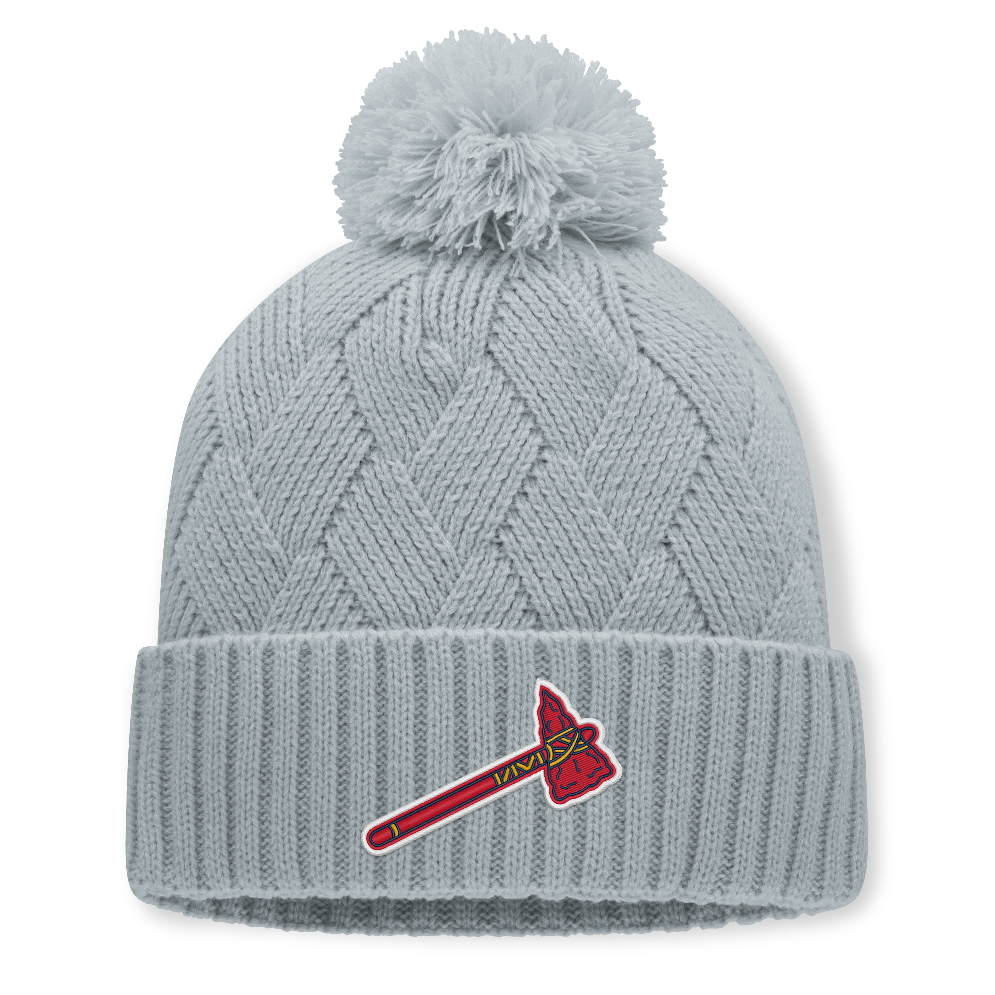 Bonnet tricoté gris Atlanta Braves pour femme, avec pompon, de la marque Fanatics.