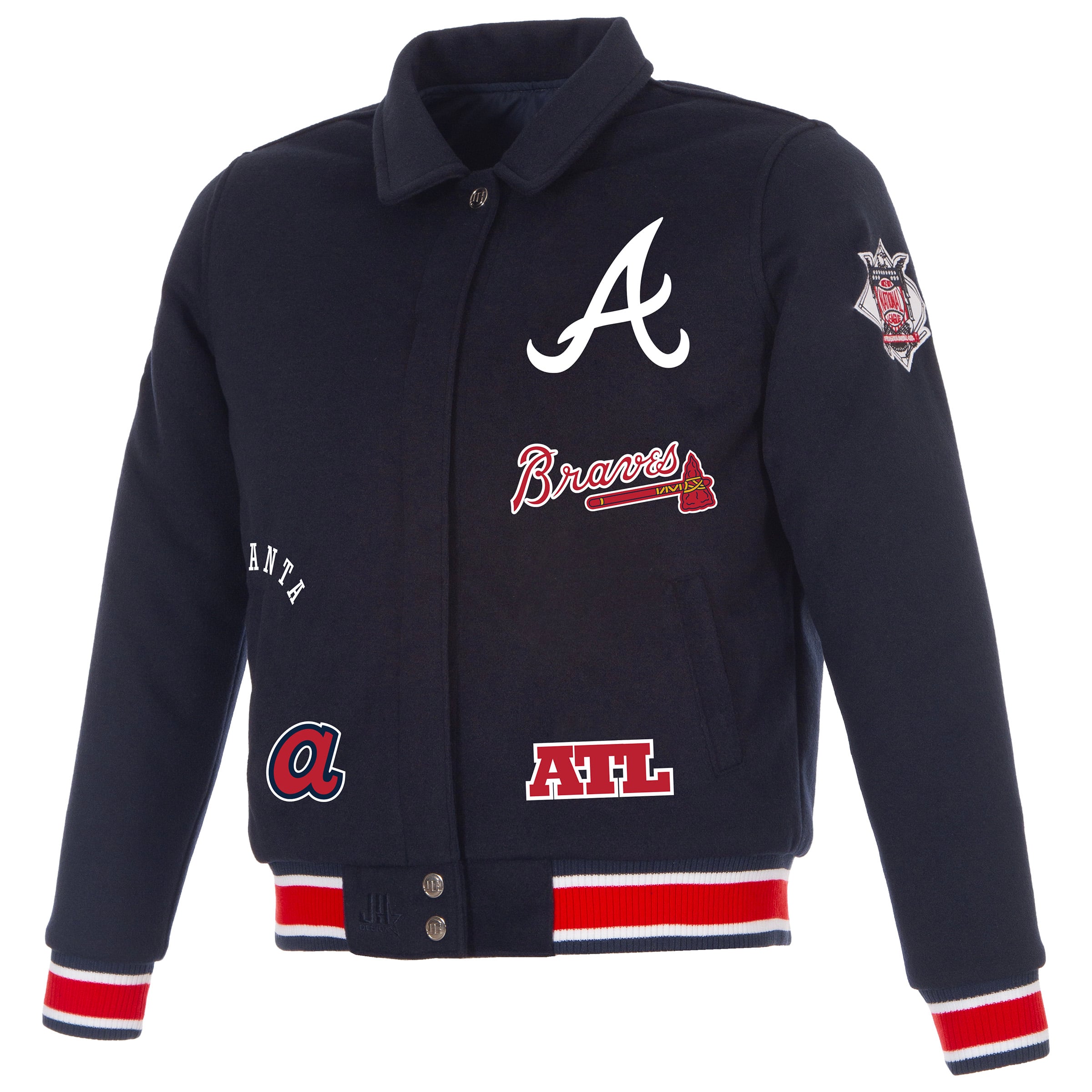 Veste réversible en laine à boutons-pression pour femme JH Design, bleu marine, Atlanta Braves