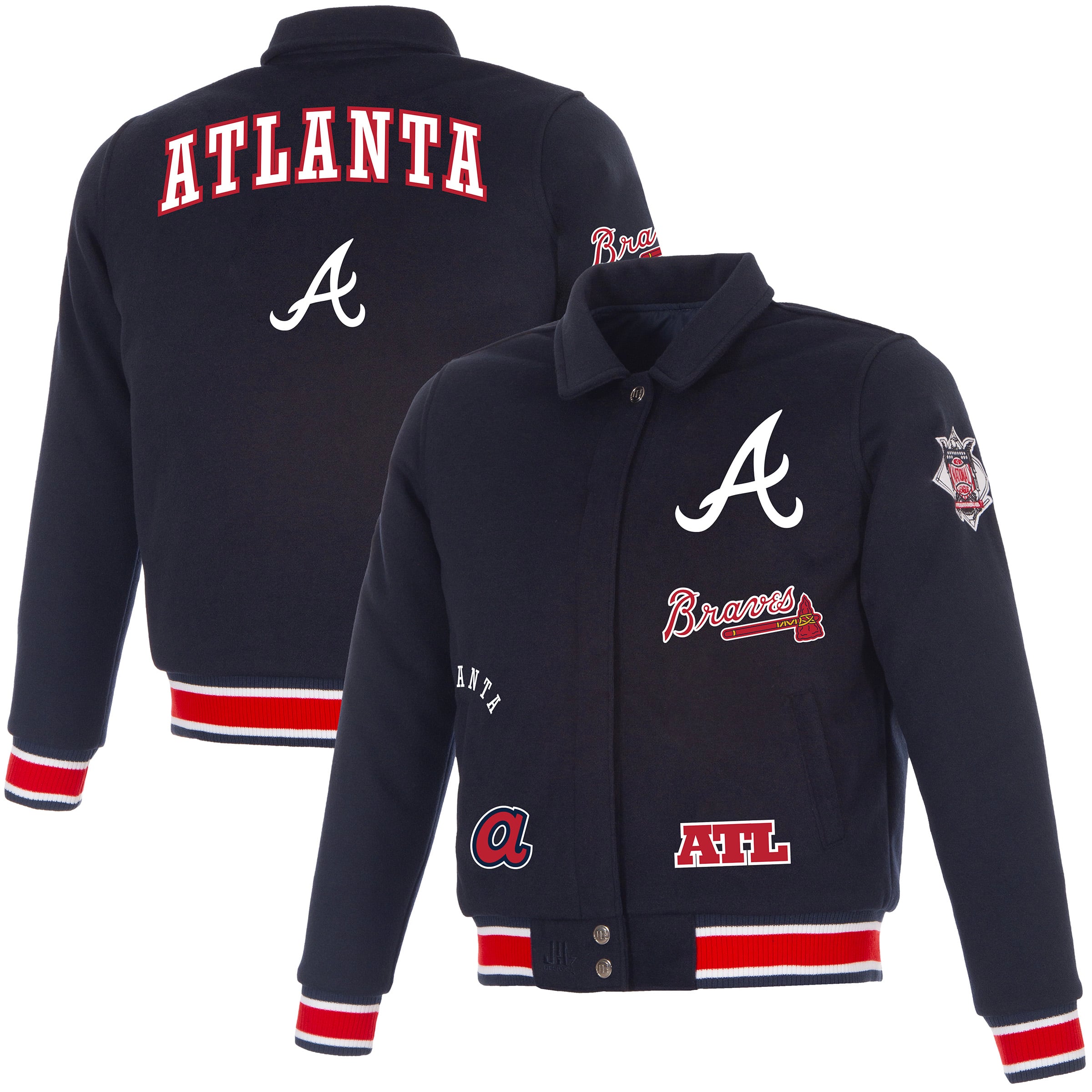Veste réversible en laine à boutons-pression pour femme JH Design, bleu marine, Atlanta Braves