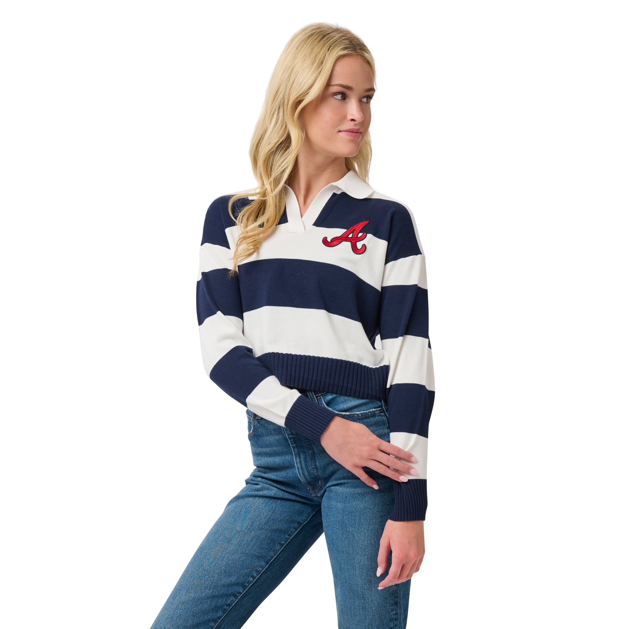 Women's Lusso Navy/Cream Atlanta Braves Silvia Boxy Rugby V-Neck Sweater