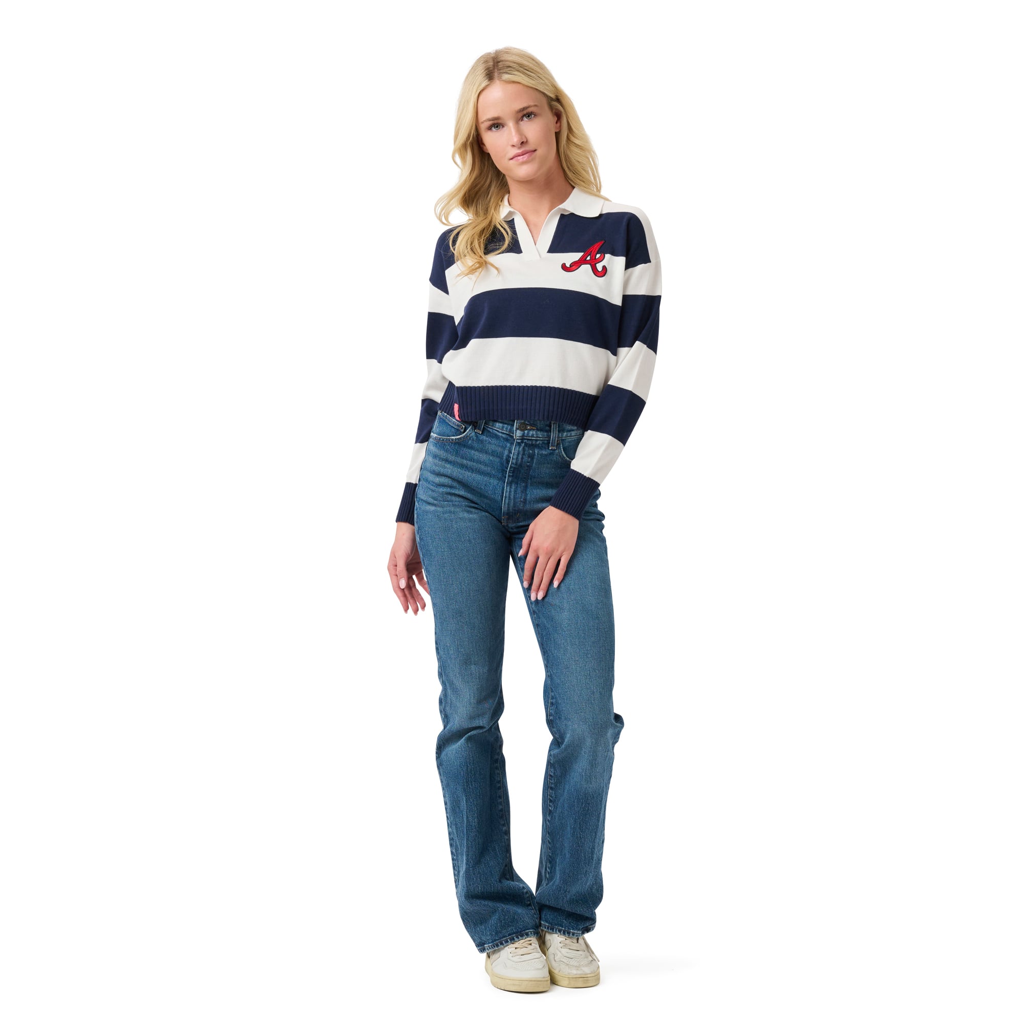 Women's Lusso Navy/Cream Atlanta Braves Silvia Boxy Rugby V-Neck Sweater