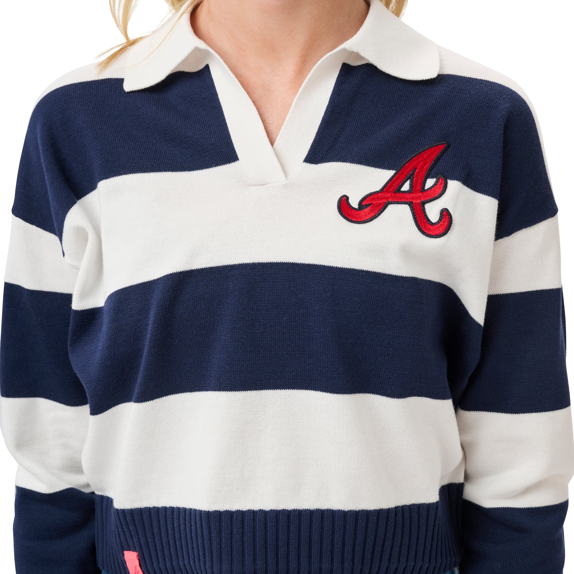 Women's Lusso Navy/Cream Atlanta Braves Silvia Boxy Rugby V-Neck Sweater