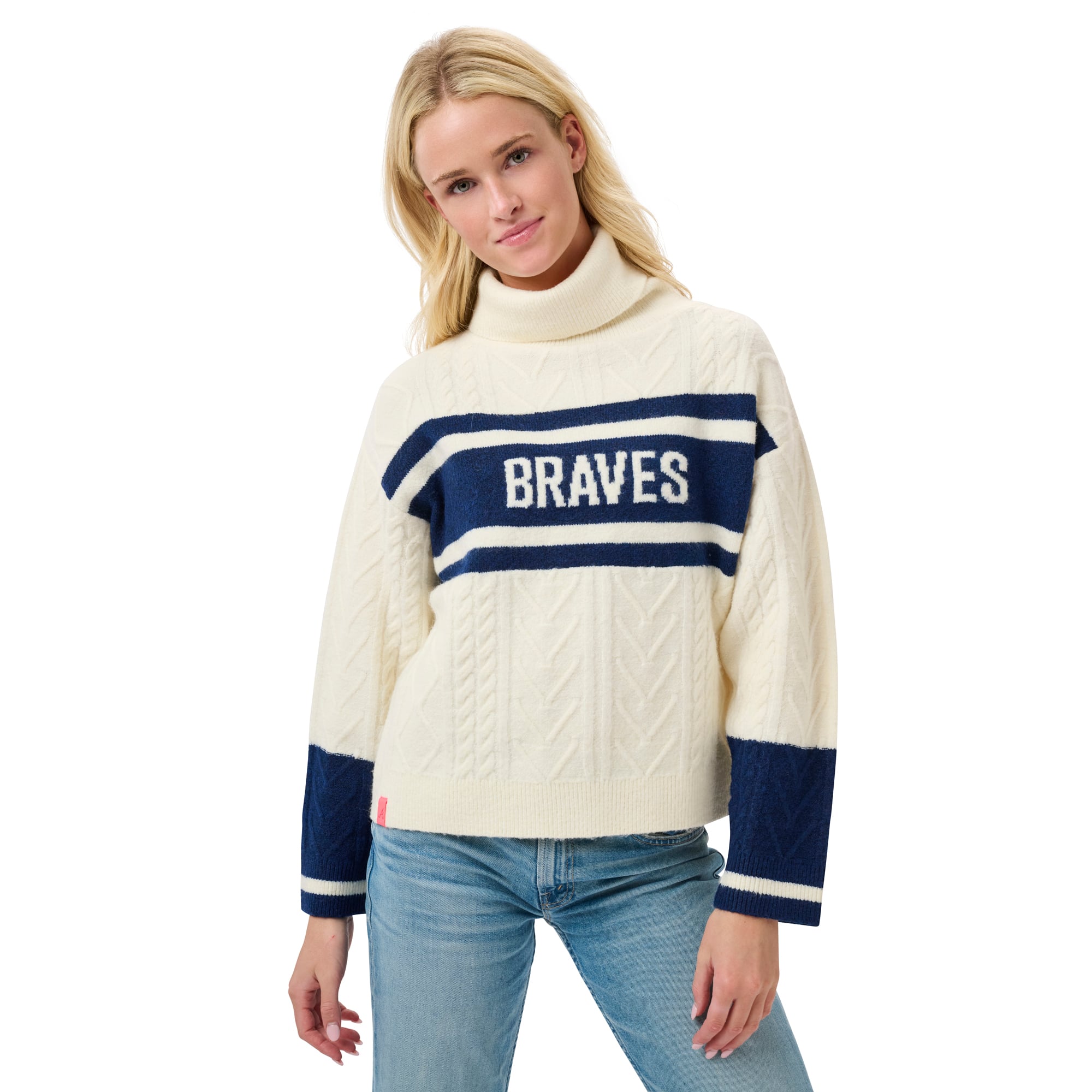 Women's Lusso Navy/Cream Atlanta Braves Susan Cowl Neck Sweater