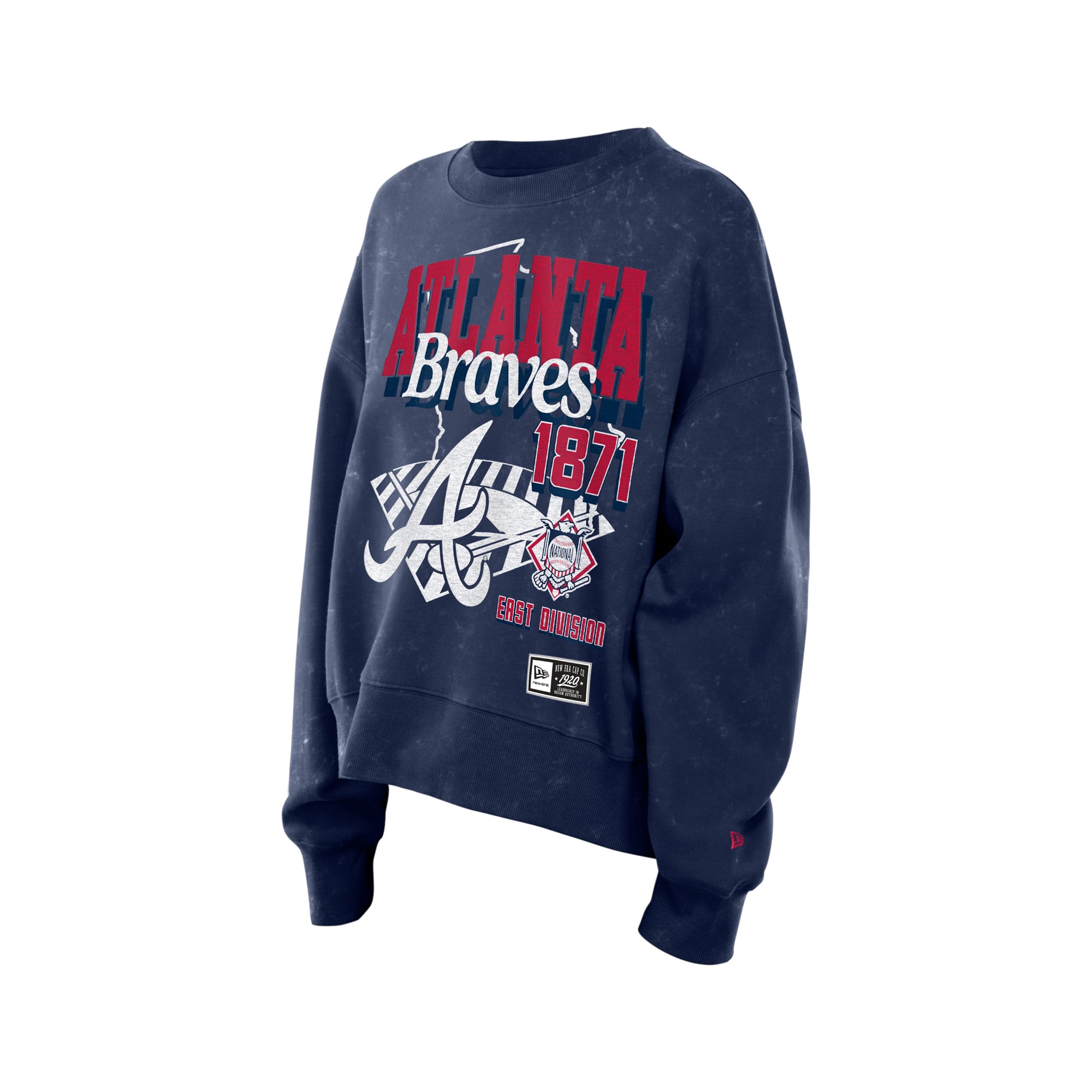 Sweat-shirt New Era bleu marine Atlanta Braves Throwback à délavage minéral, coupe carrée, pour femme