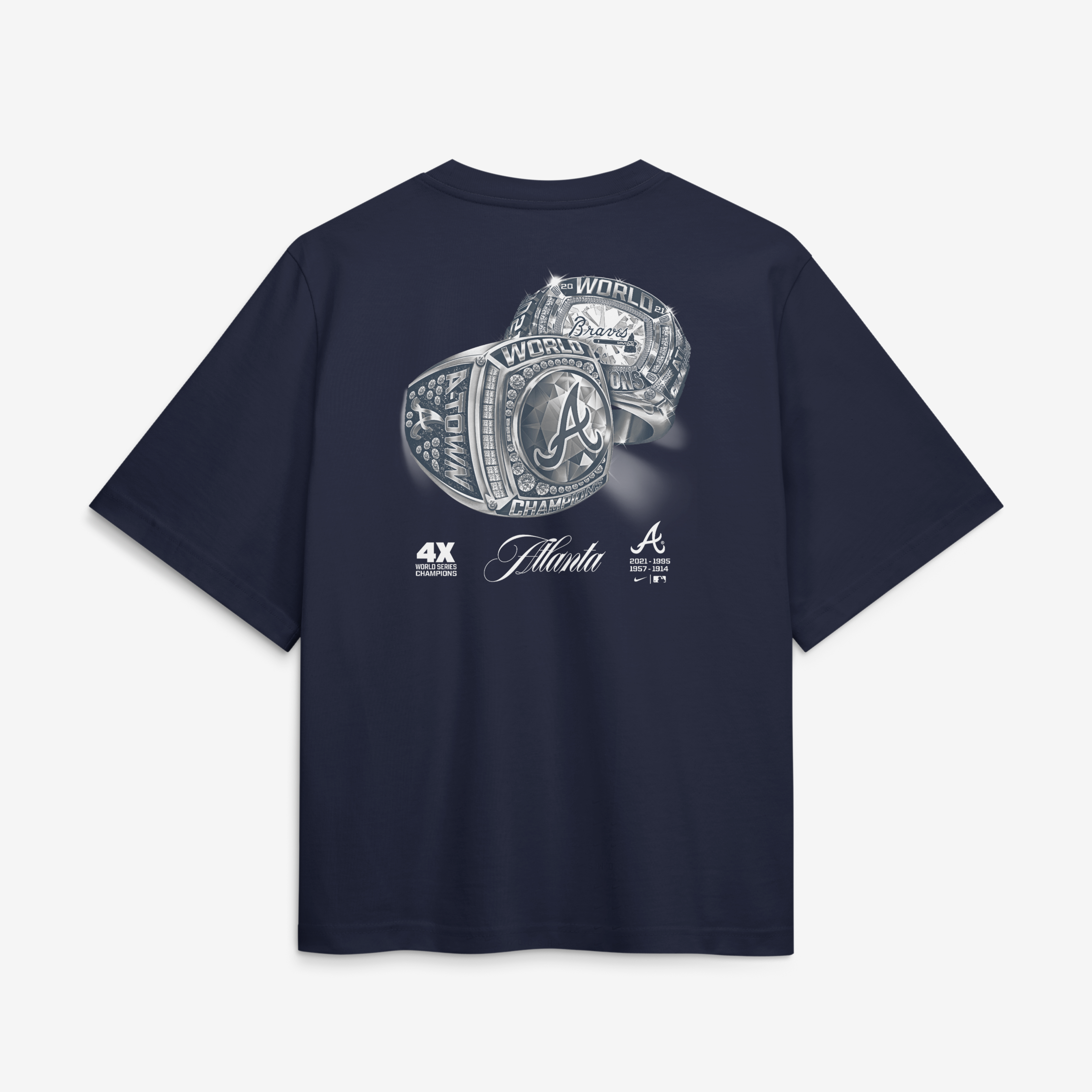 Women's Nike Navy Atlanta Braves 4x Champions Ring Boxy T-Shirt