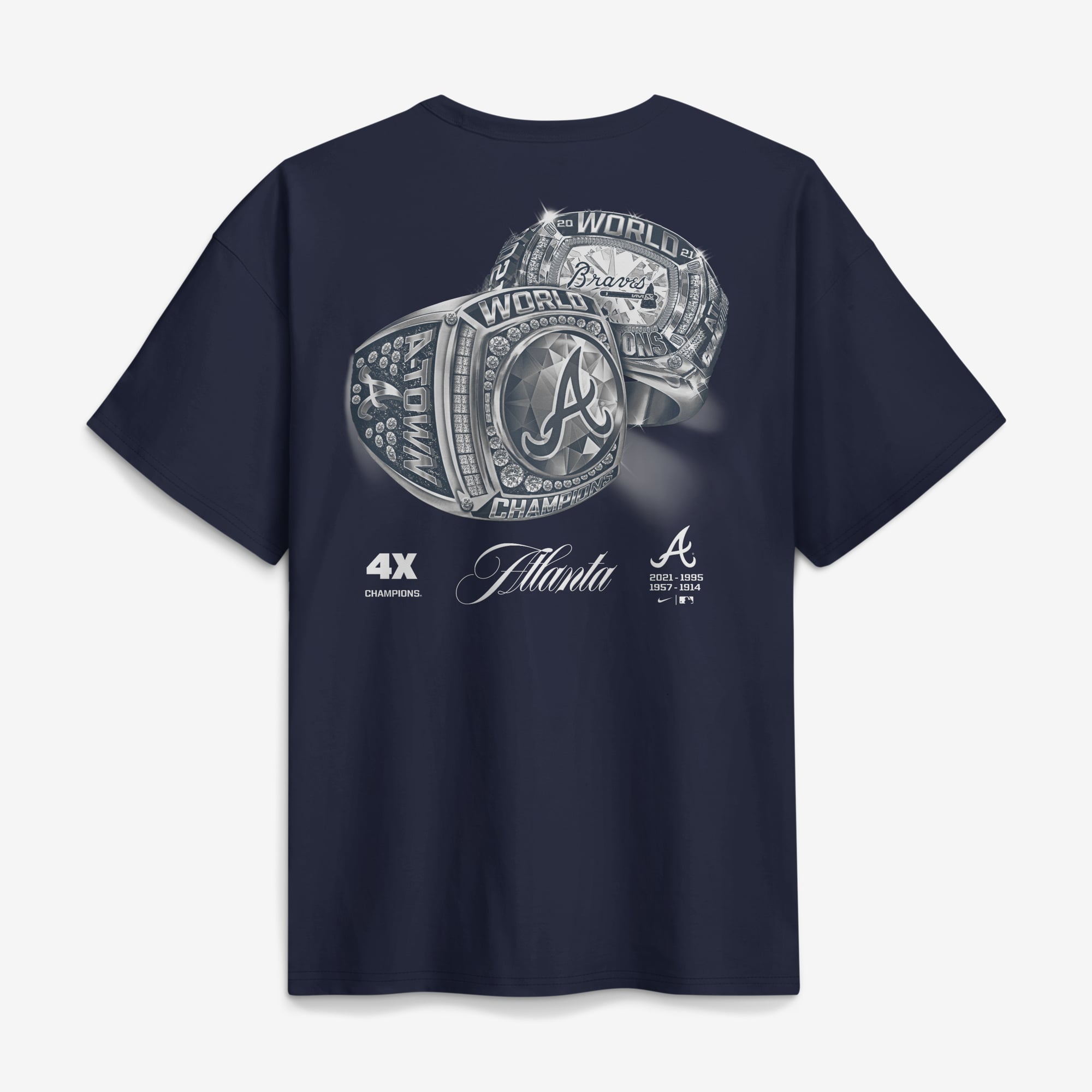 Women's Nike Navy Atlanta Braves 4x Champions Ring Boxy T-Shirt