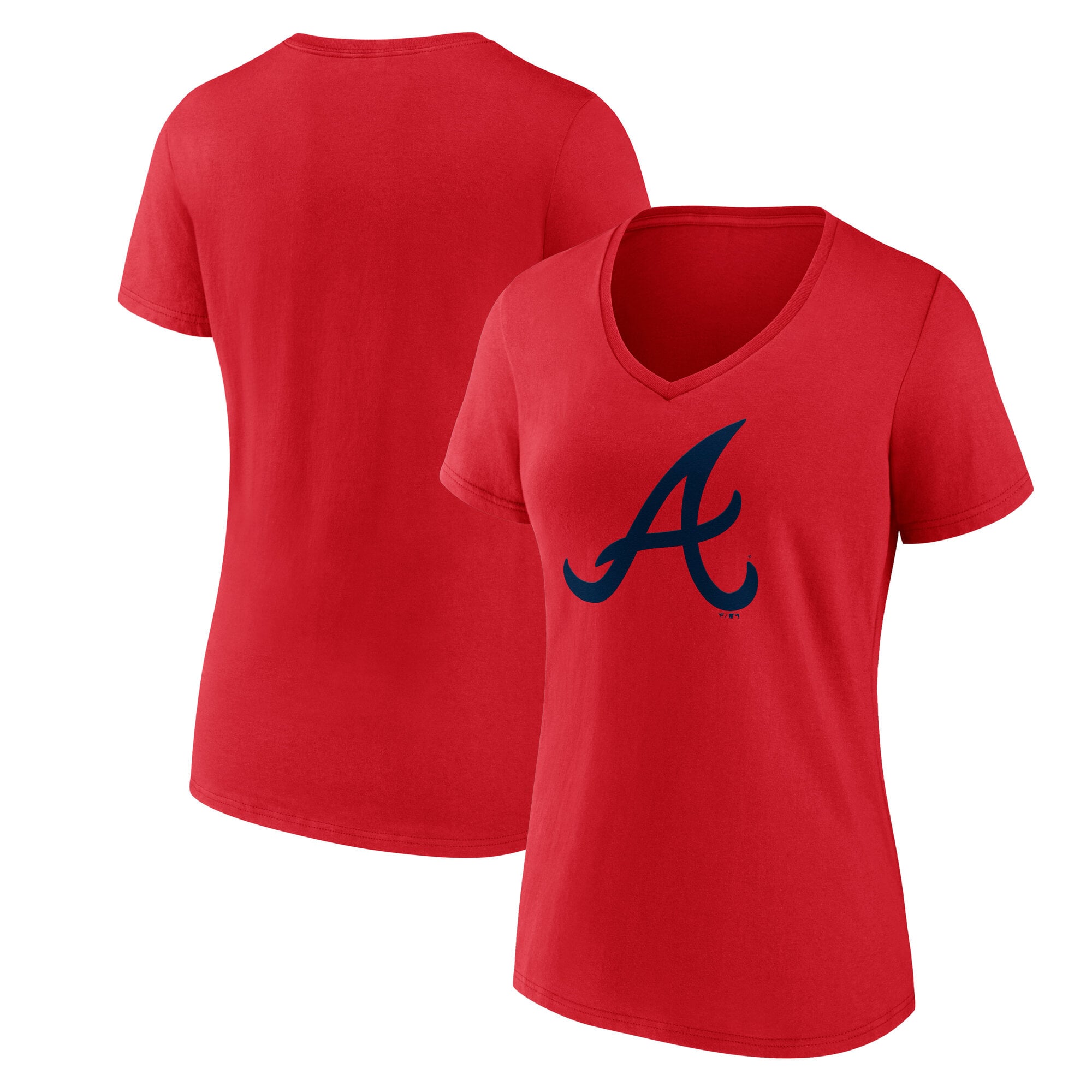 T-shirt rouge à col en V avec logo officiel des Braves d'Atlanta pour femmes