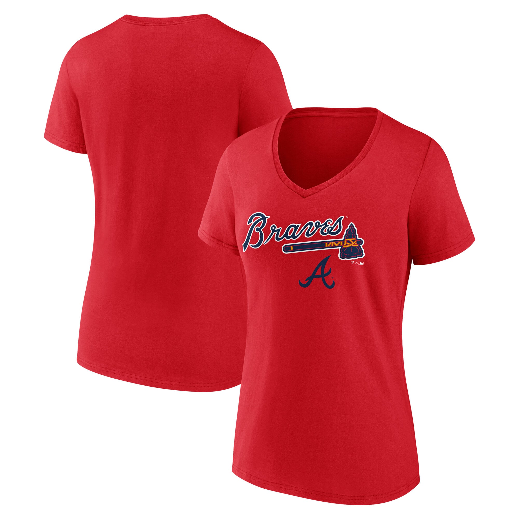T-shirt à col en V rouge pour femmes Atlanta Braves Team Lockup