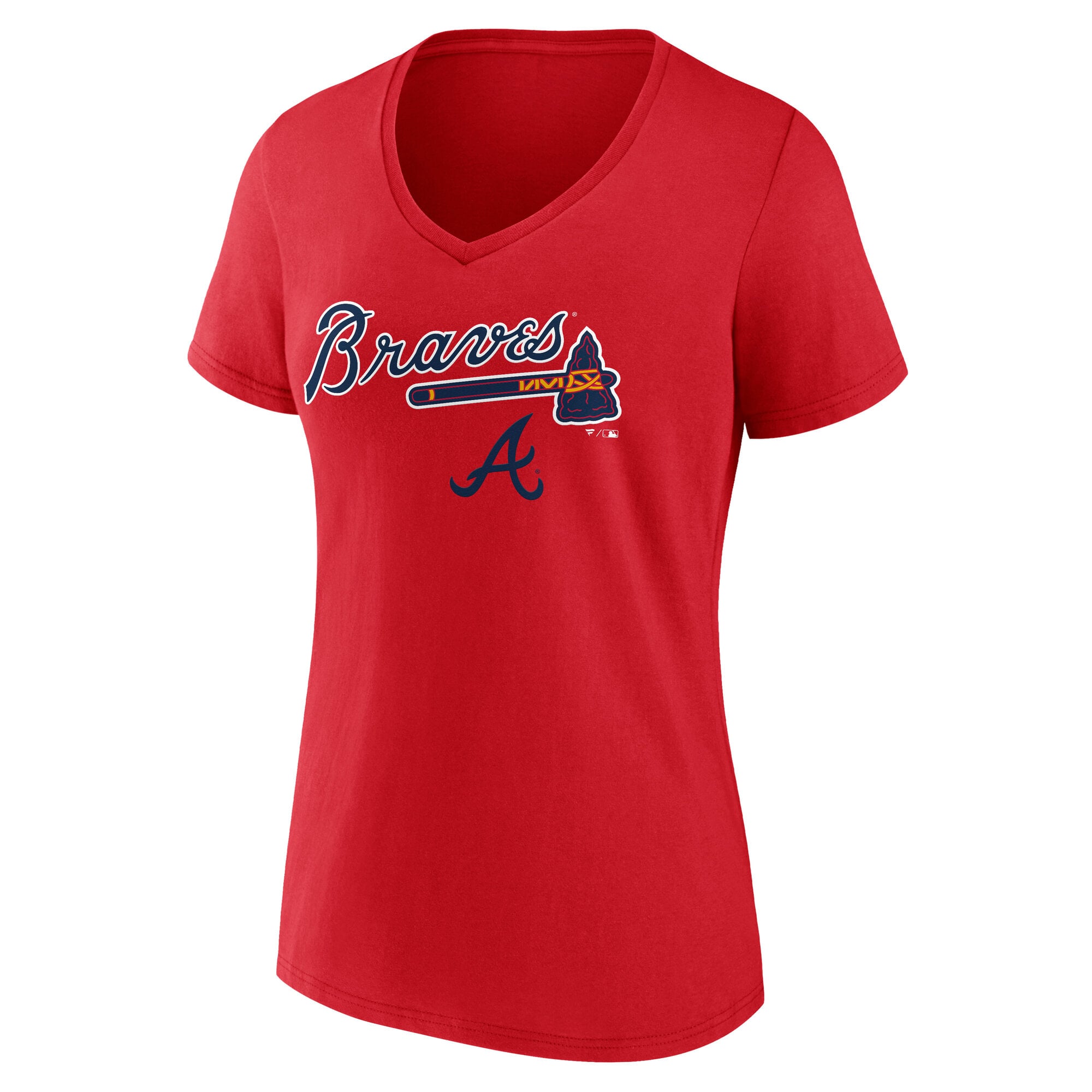 T-shirt à col en V rouge pour femmes Atlanta Braves Team Lockup