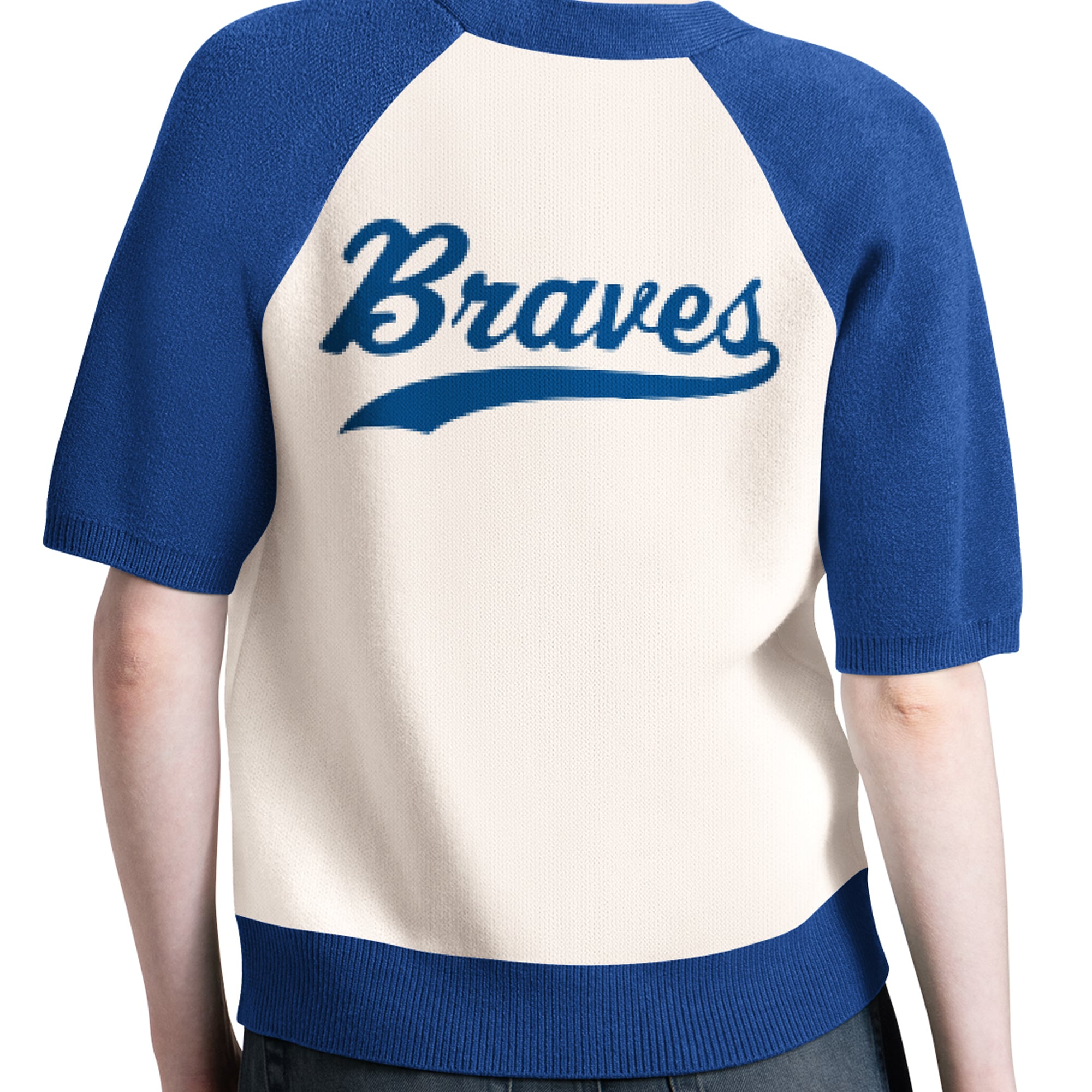 Women's Starter Cream Atlanta Braves Cooperstown Collection Key Player Tri-Blend Cropped Button-Up Raglan Short Sleeve Sweater
