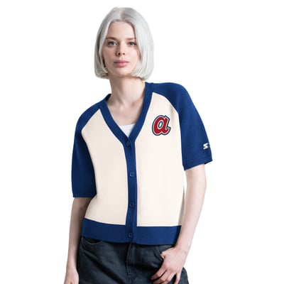 Atlanta Braves Starter Women's Cooperstown Collection Key Player Tri-Blend Cropped Button-Up Raglan Short Sleeve Sweater - Cream