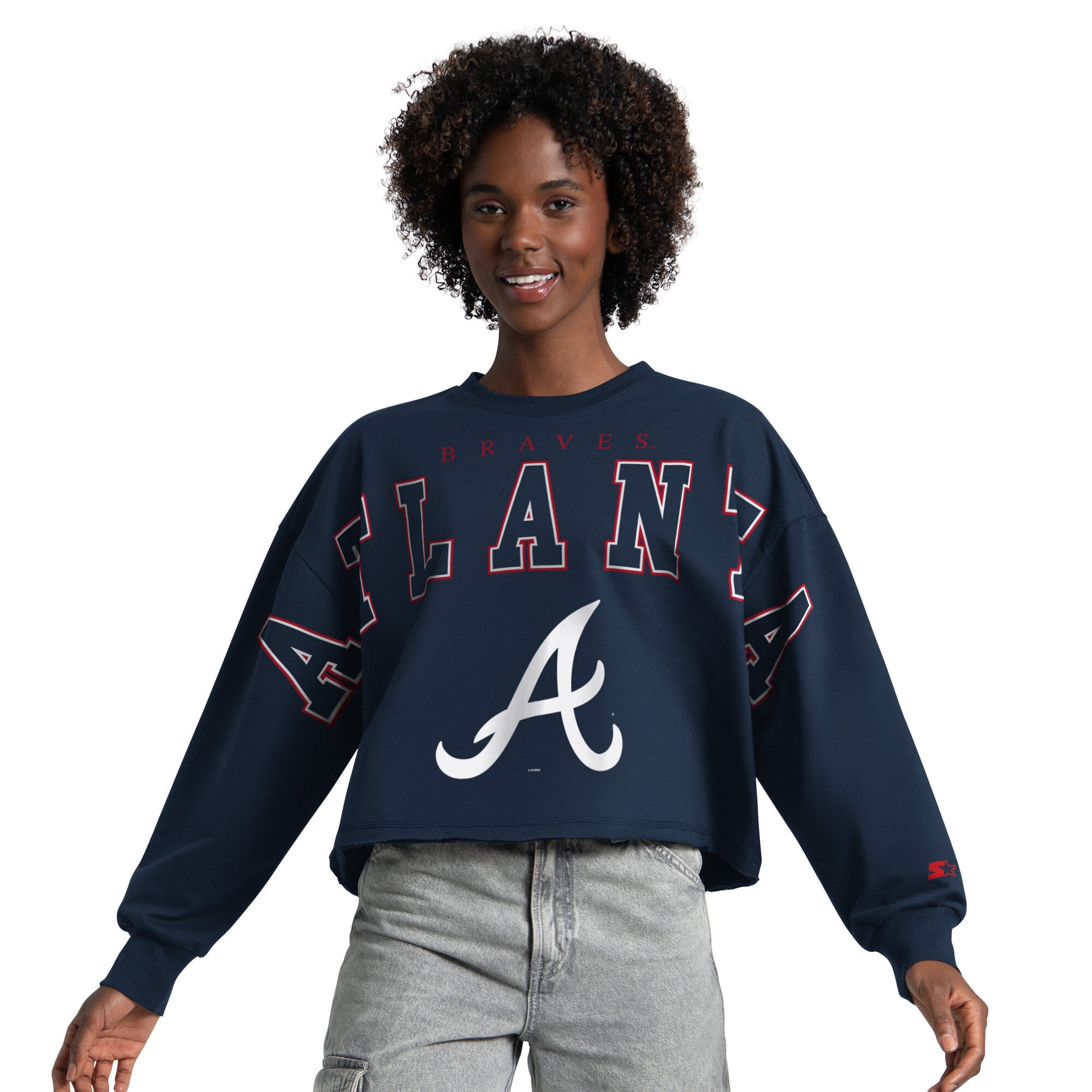 Sweat-shirt court Starter pour femme, bleu marine, Atlanta Braves Bleachers II