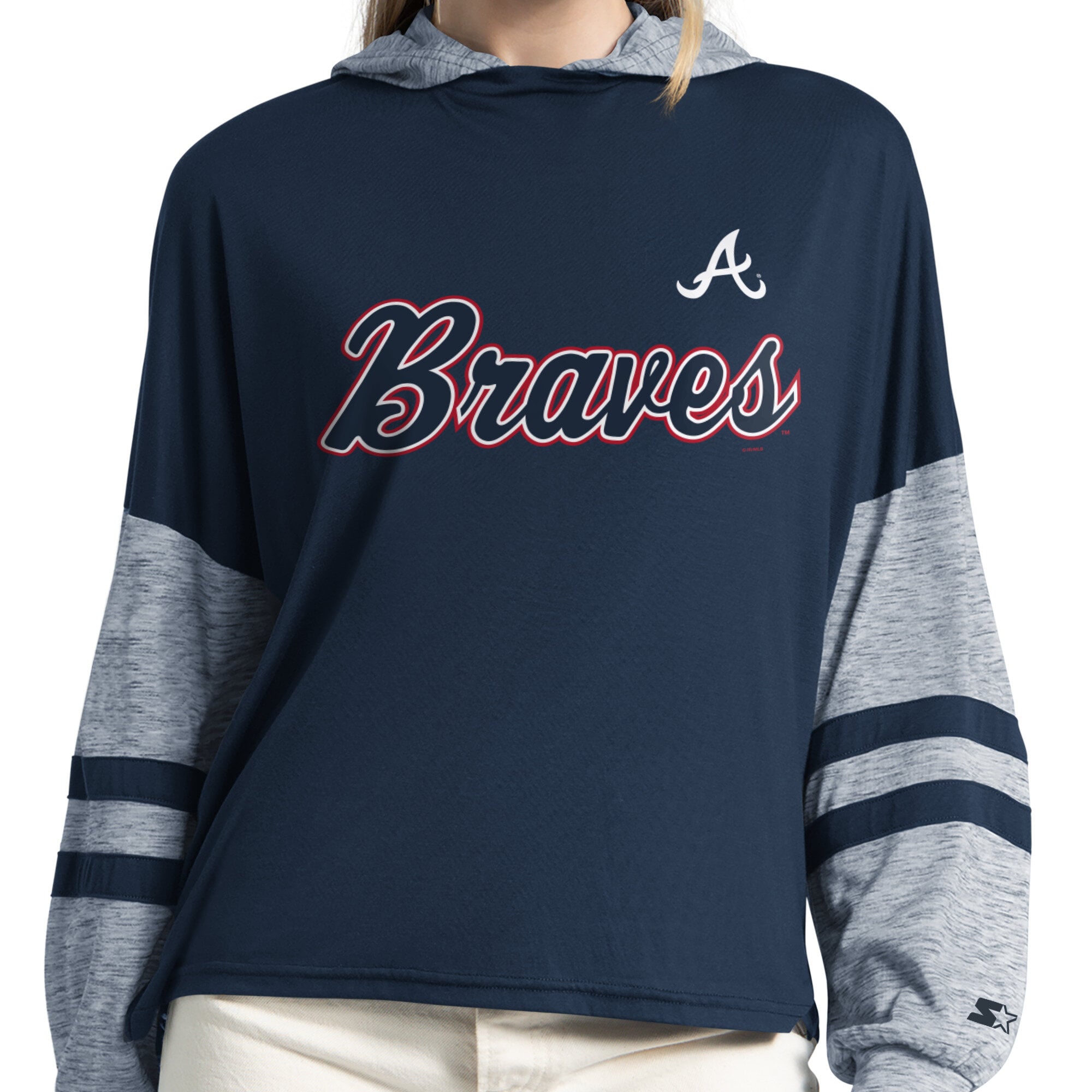 Sweat à capuche léger Starter pour femme, bleu marine, Atlanta Braves Fuel Up