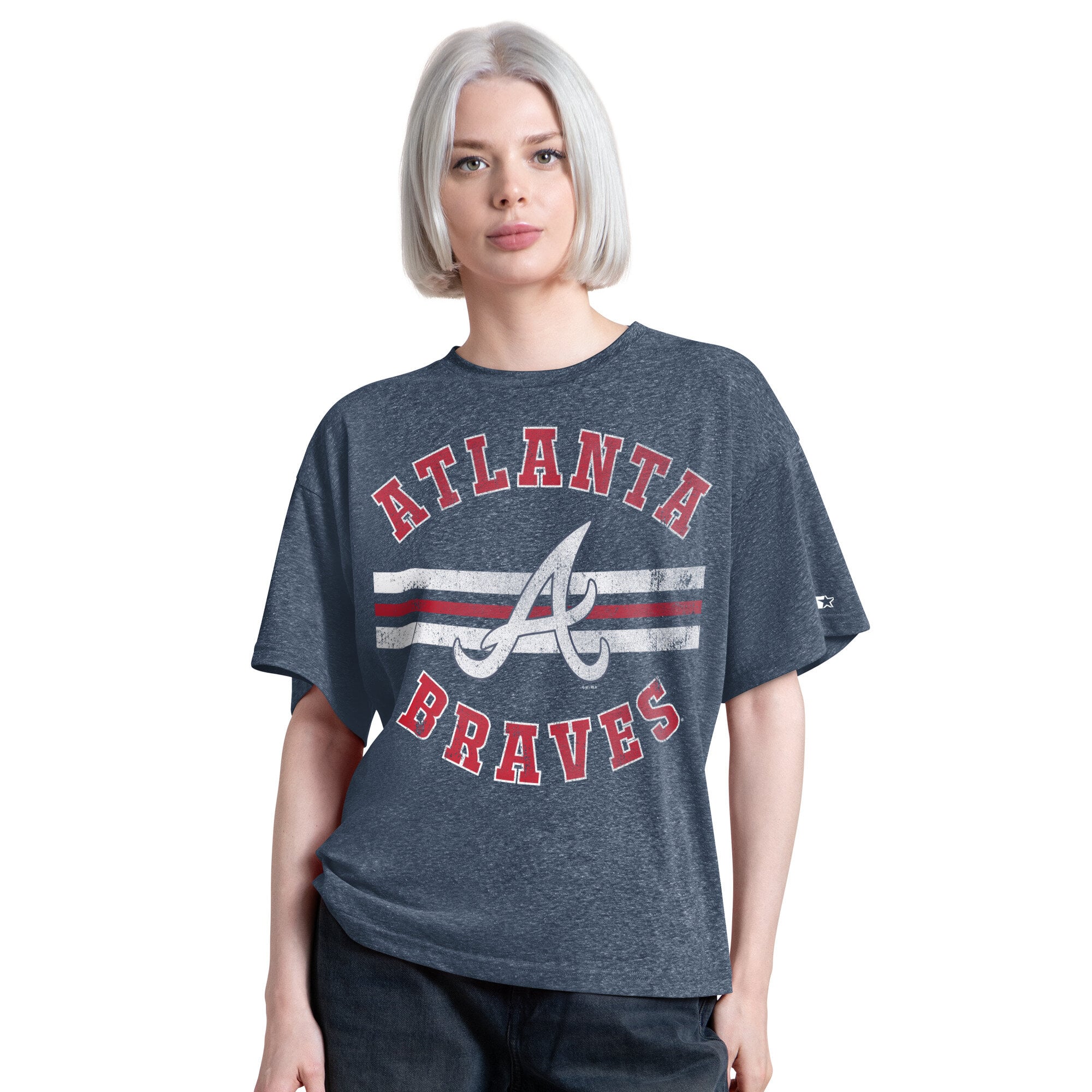 T-shirt Starter pour femme, bleu marine, Atlanta Braves, Jump Shot Boyfriend, mélange de trois matières