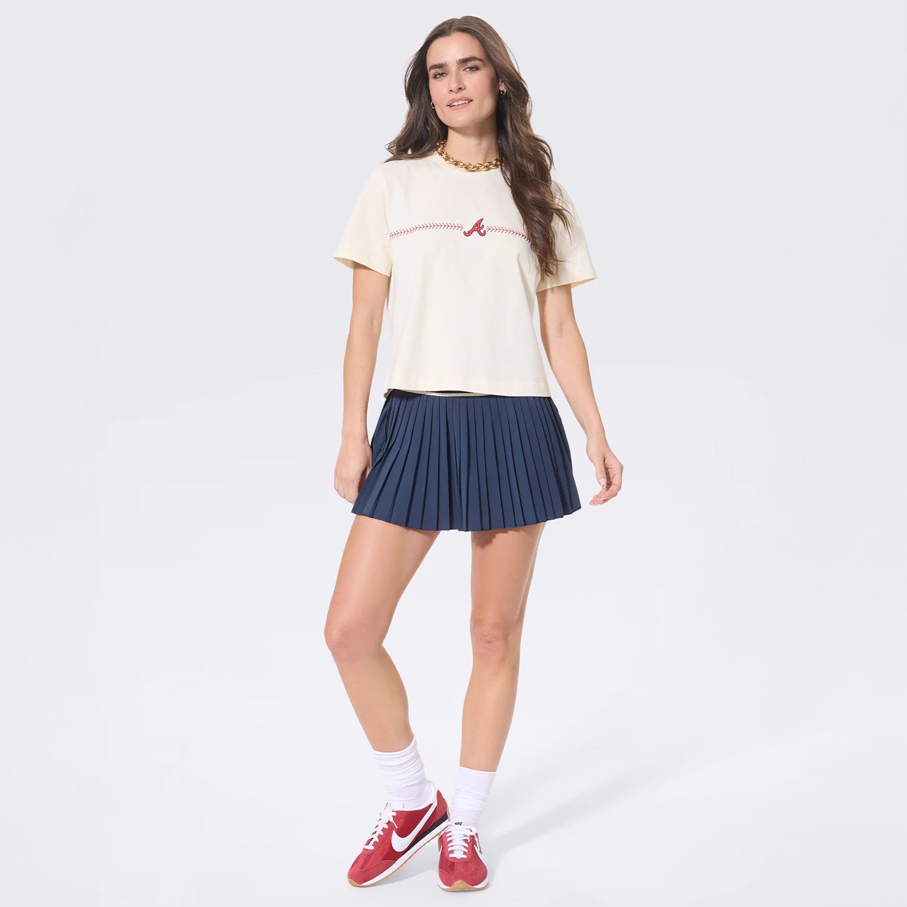 Women's Terez Cream Atlanta Braves Single Line Baseball Stitch T-Shirt