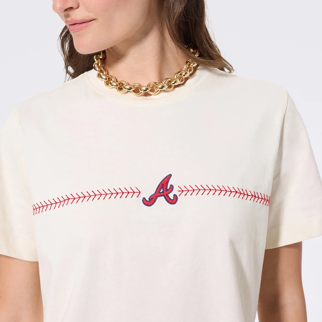 Women's Terez Cream Atlanta Braves Single Line Baseball Stitch T-Shirt