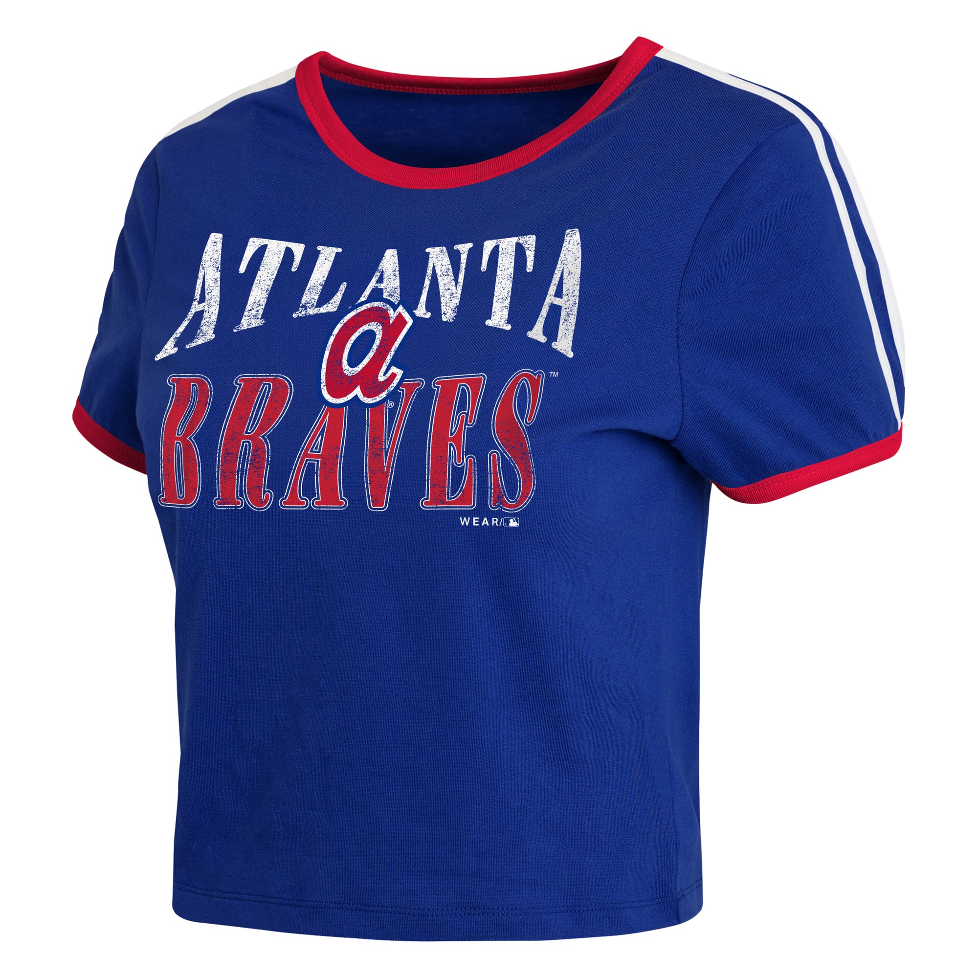 Women's WEAR by Erin Andrews Royal Atlanta Braves Cropped Throwback Ringer Baby T-Shirt