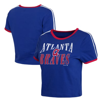  Atlanta Braves WEAR by Erin Andrews Women's Cropped Throwback Ringer Baby T-Shirt - Royal