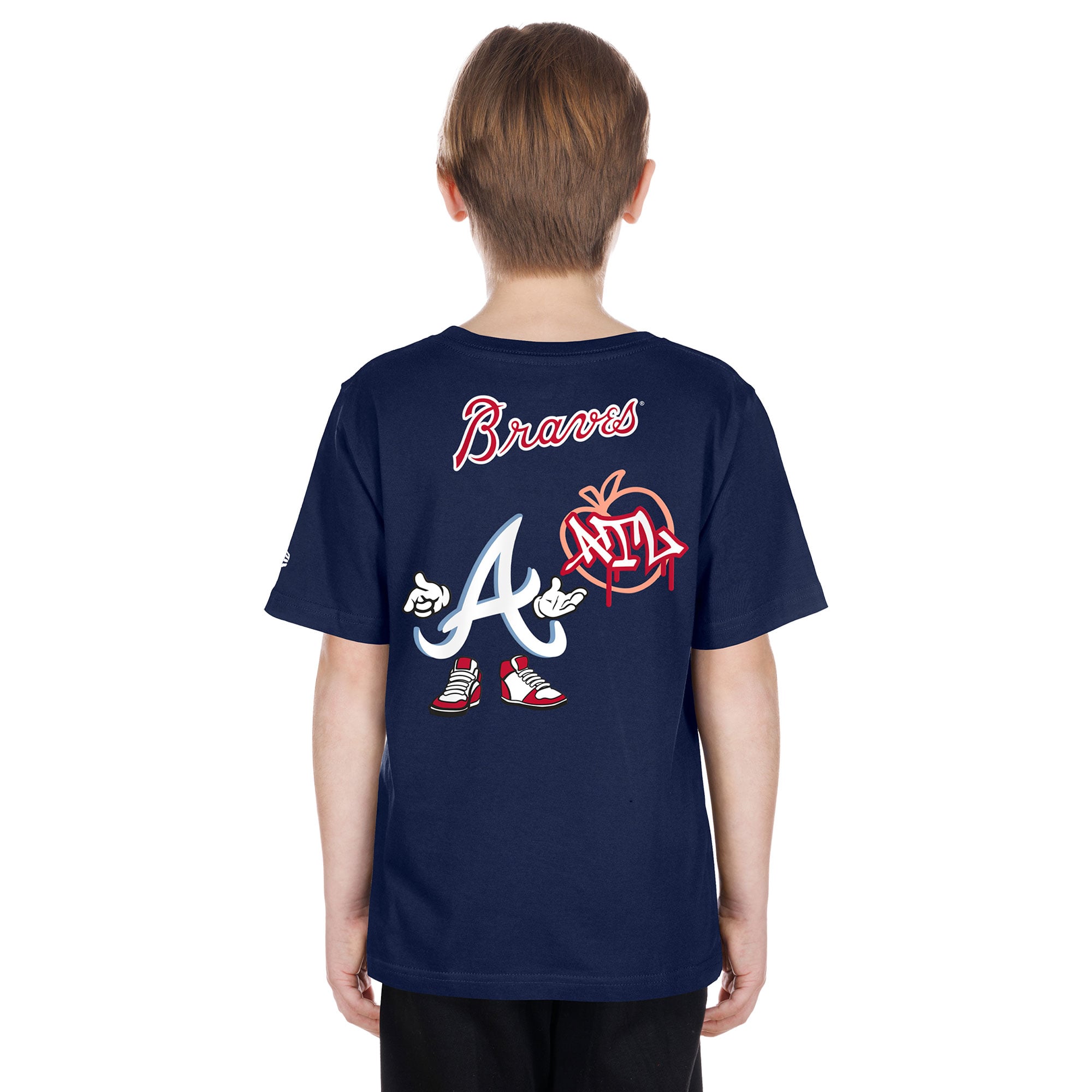 T-shirt New Era bleu marine pour jeunes avec logo des Braves d'Atlanta (dessin animé)