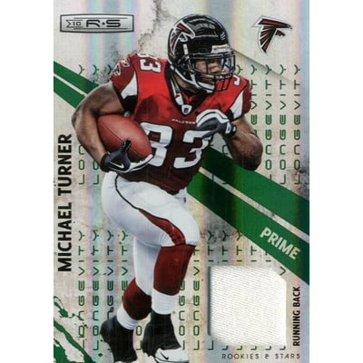 2010 Rookies and Stars Materials Emerald Prime Longevity #6 Michael Turner/50