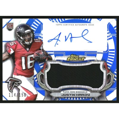 2015 Finest Jumbo Jersey Autographs Blue Refractors #AJRRJHA Justin Hardy
