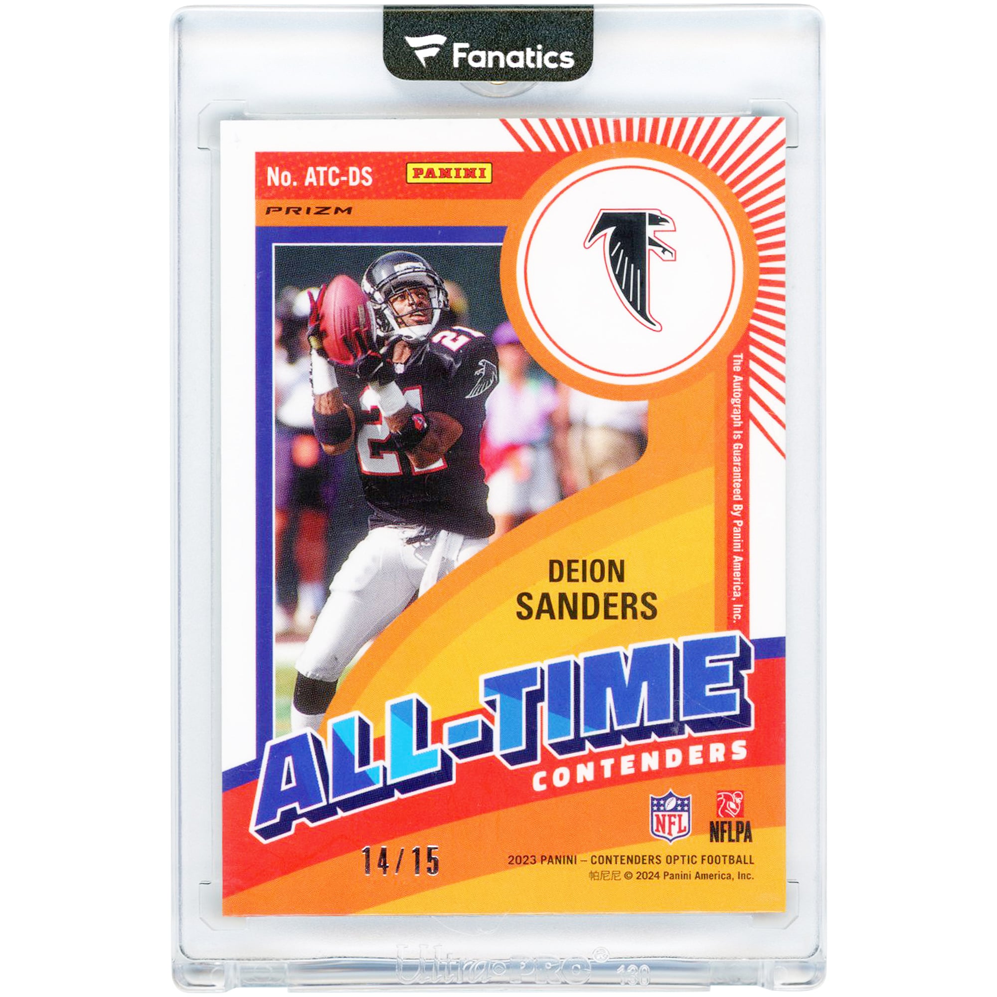 Deion Sanders Atlanta Falcons Autographed 2023 Panini Contenders Optic All-Time Contenders Black #ATC-DS #14/15 Card