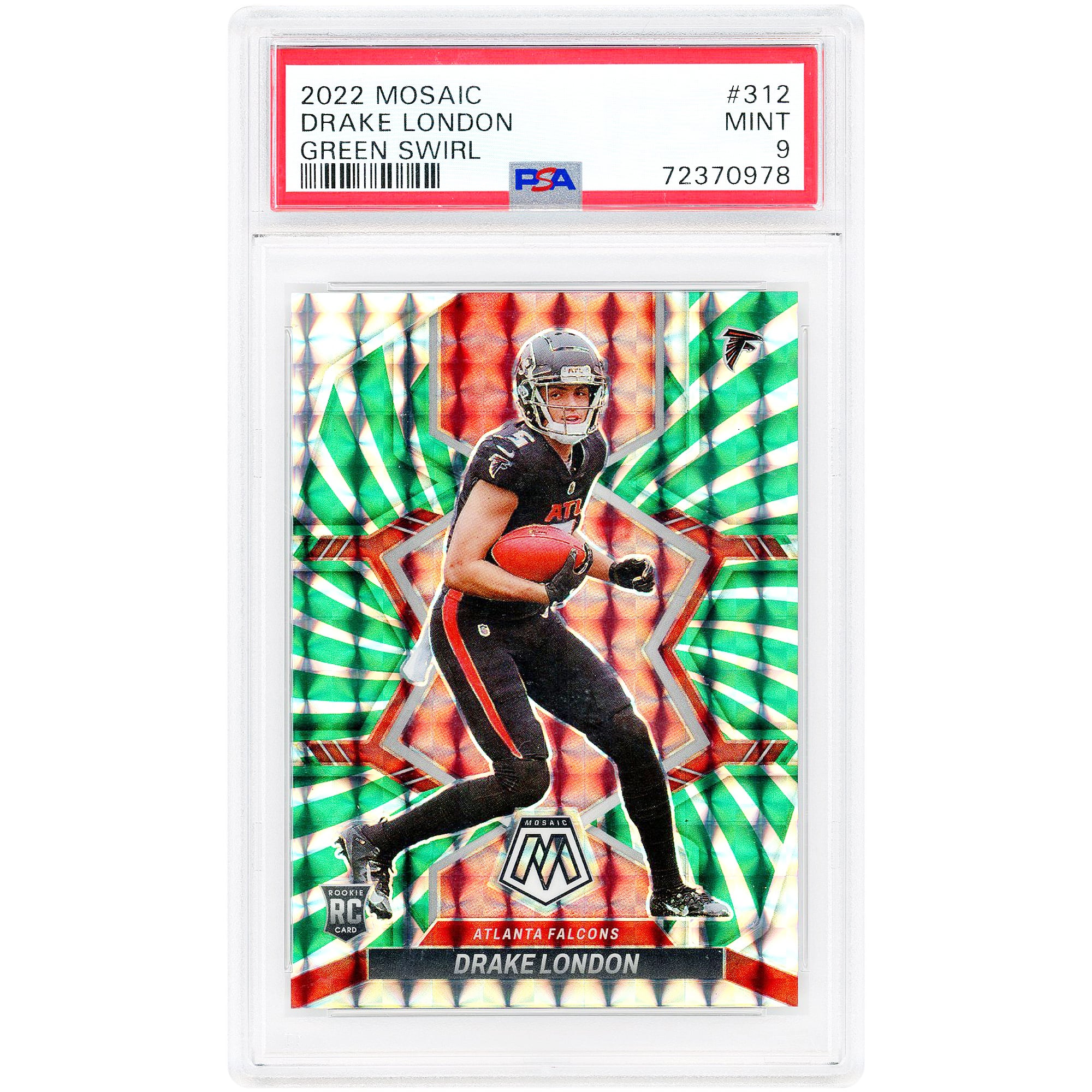 Carte recrue Drake London Atlanta Falcons 2022 Panini Mosaic Green Swirl Prizm #312 #2/ 11 authentifiée PSA 9