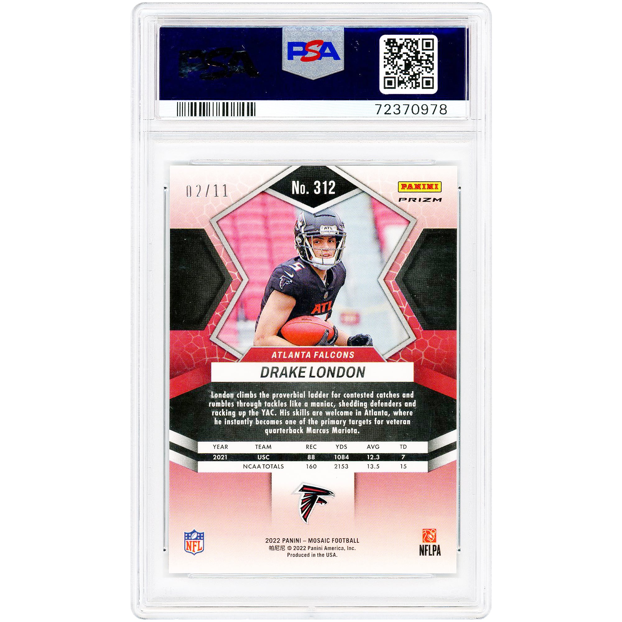 Carte recrue Drake London Atlanta Falcons 2022 Panini Mosaic Green Swirl Prizm #312 #2/ 11 authentifiée PSA 9
