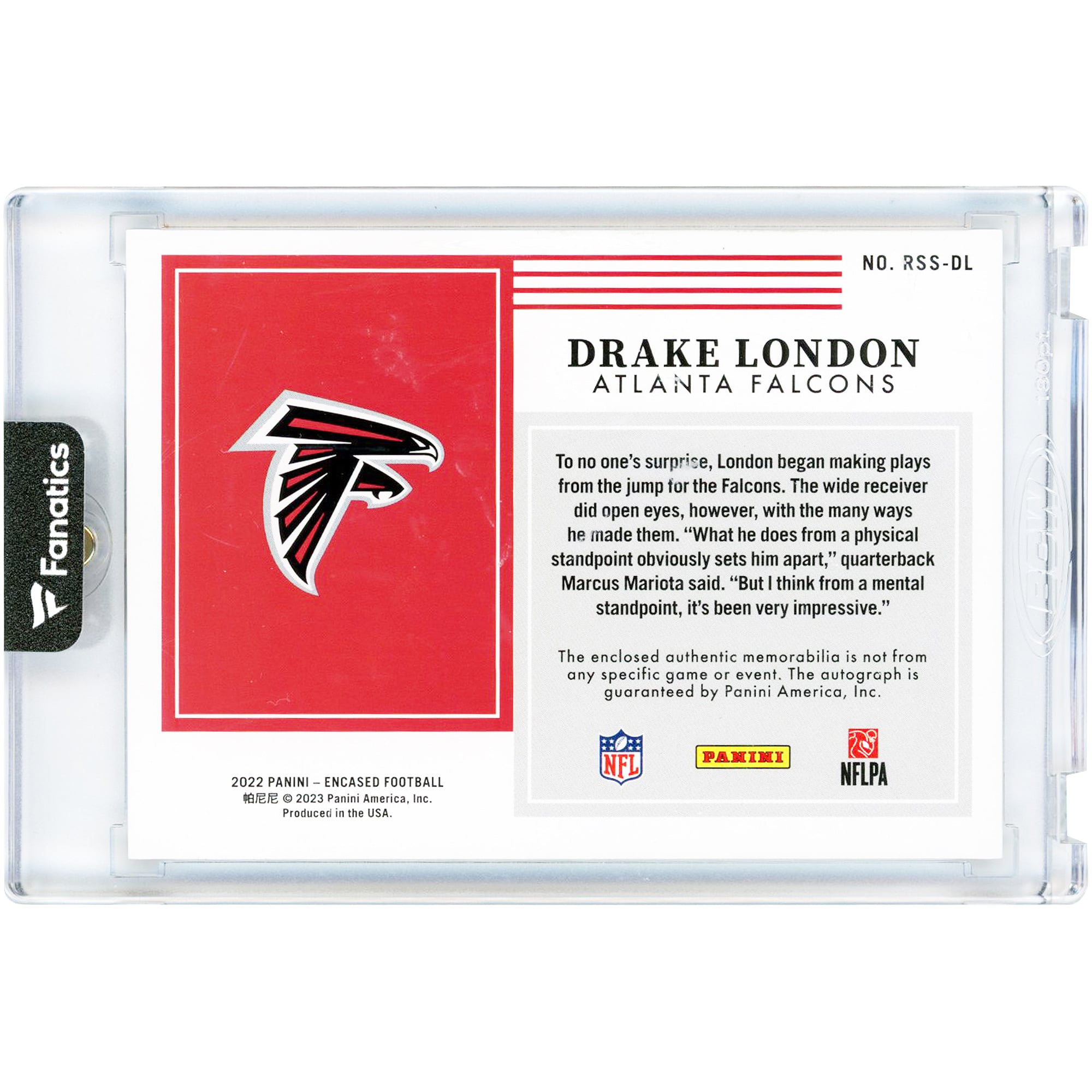 Drake London Atlanta Falcons Autographed 2022 Panini Encased Rookie Dual Swatch Ruby Relic Jersey # Match #RSS-DL #5/15 Rookie Card