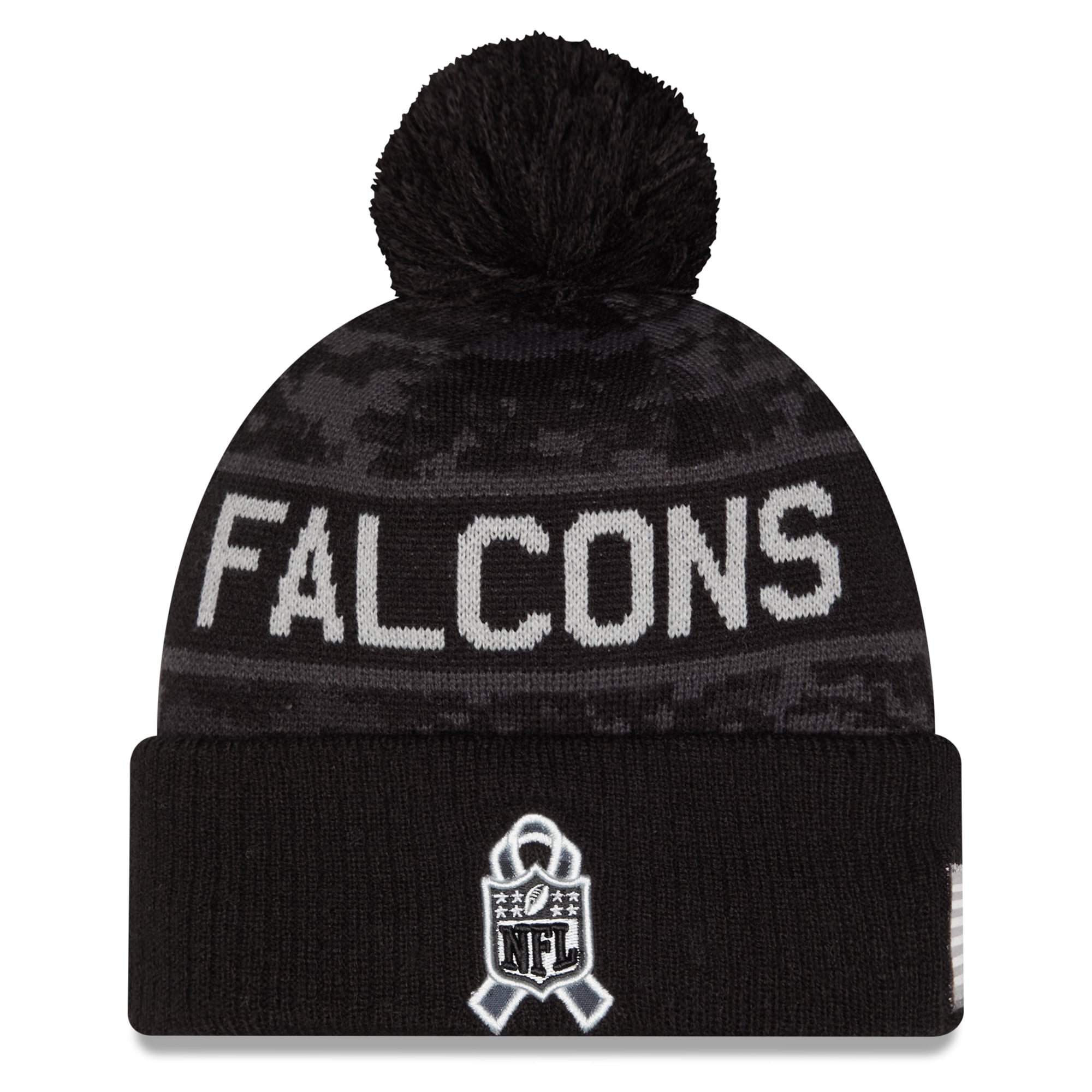 Bonnet à revers New Era noir pour homme, Atlanta Falcons 2026 Salute To Service, avec pompon