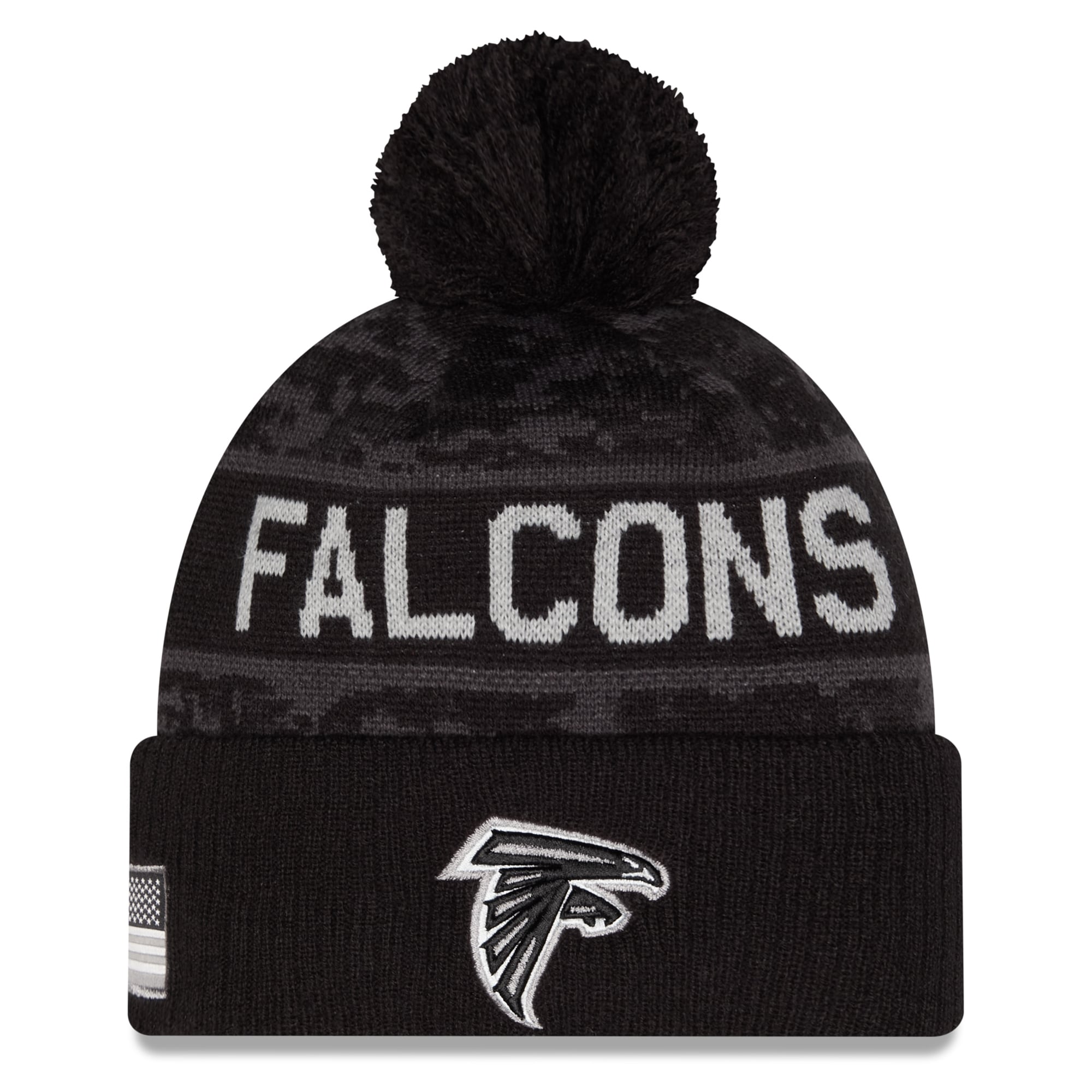 Bonnet à revers New Era noir pour homme, Atlanta Falcons 2026 Salute To Service, avec pompon