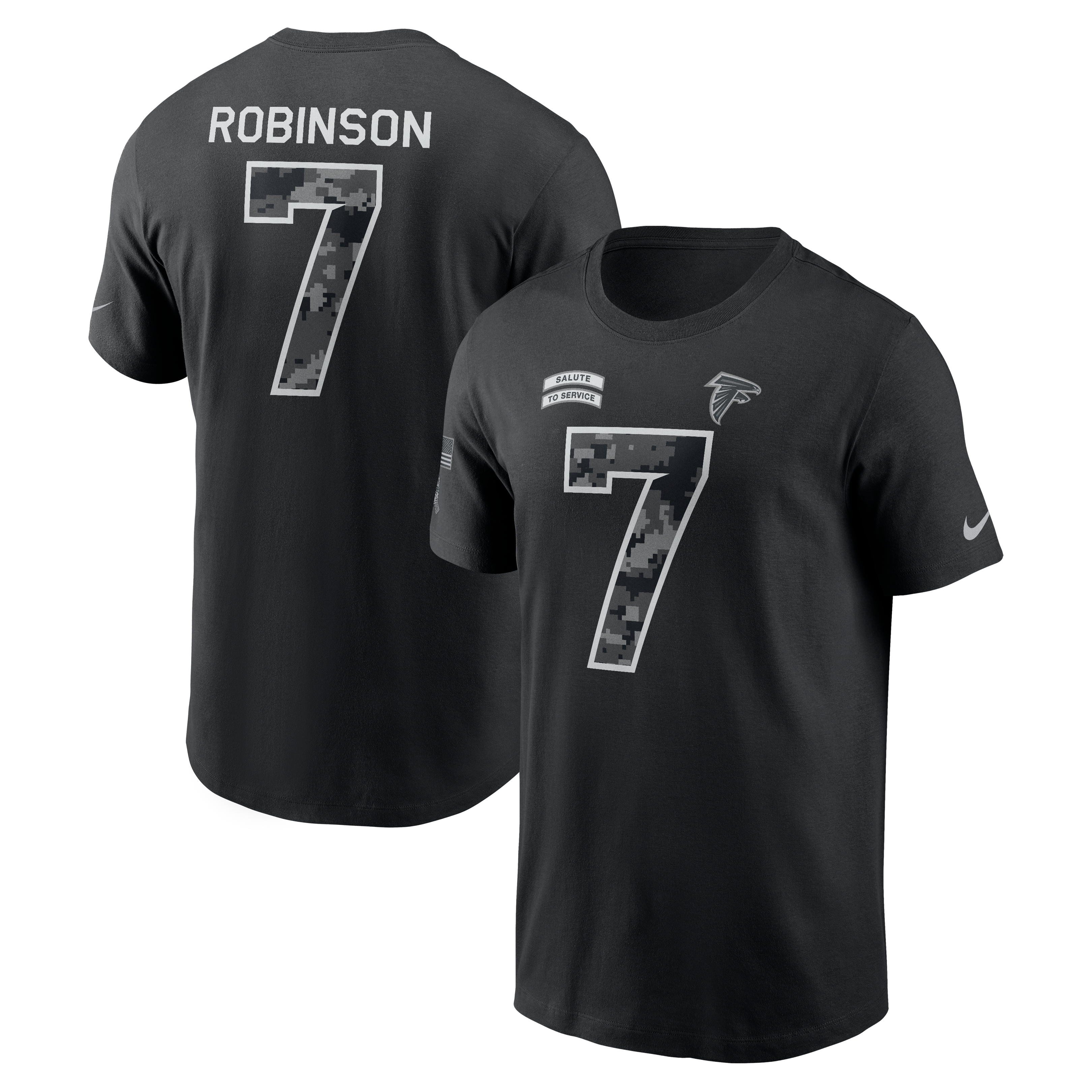 T-shirt Nike pour homme Bijan Robinson noir Atlanta Falcons 2026 Salute to Service (nom et numéro)