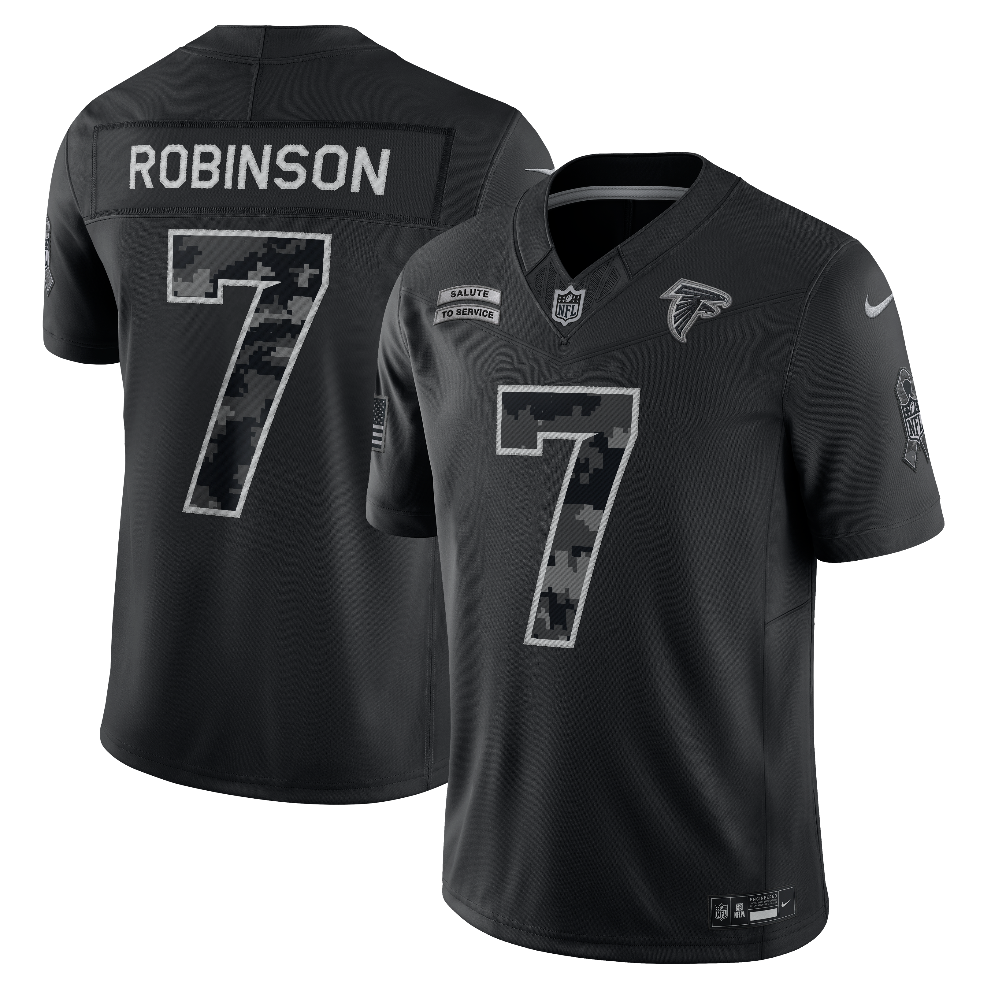 Maillot Nike Bijan Robinson noir Atlanta Falcons 2026 Salute to Service, édition limitée cousue