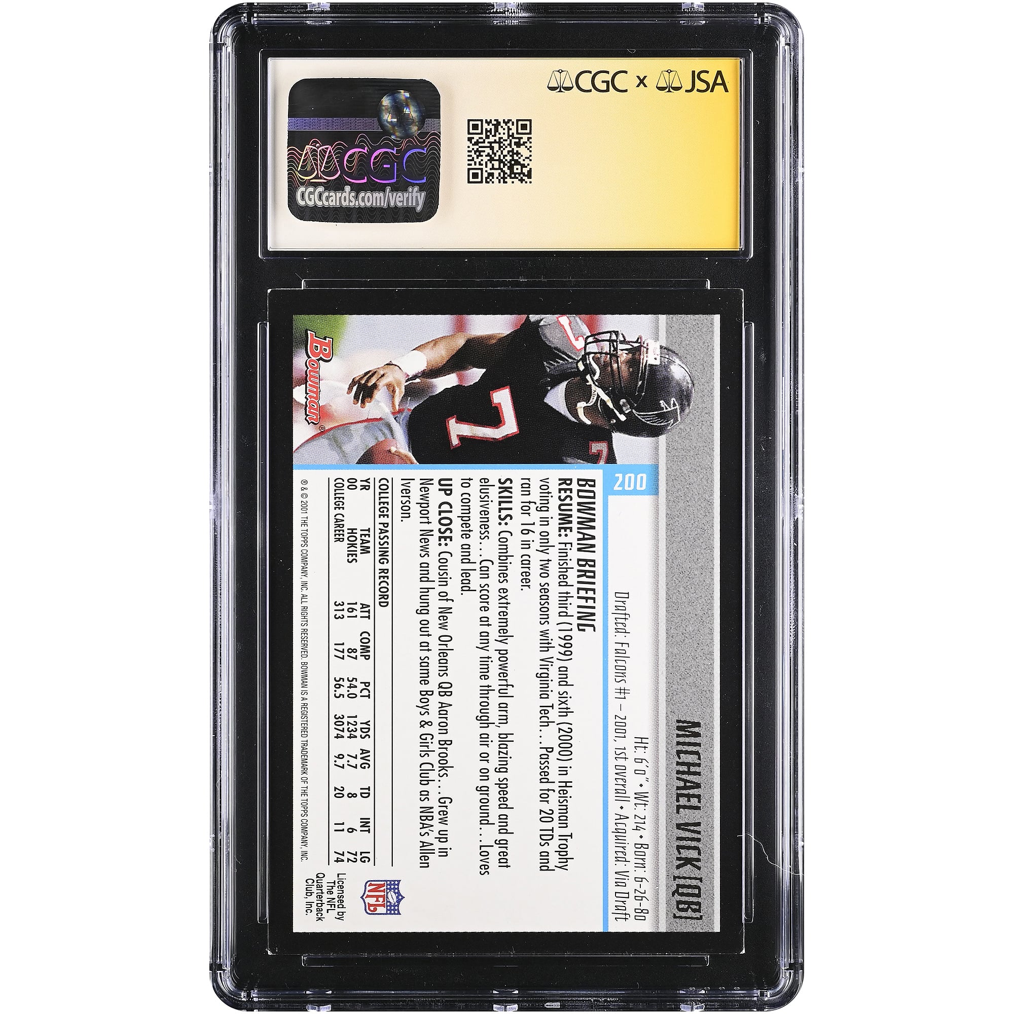 Carte de recrue Michael Vick des Falcons d'Atlanta, signée par Bowman (2001), numéro 200, authentifiée par Fanatics Witnessed (AUTO 10).