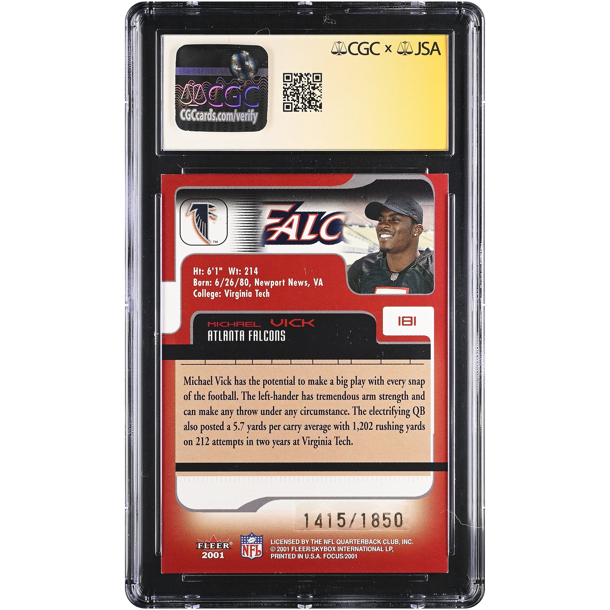 Carte de recrue Michael Vick des Falcons d'Atlanta, signée par CGC Fanatics Witnessed (2001), numéro 181/1850.