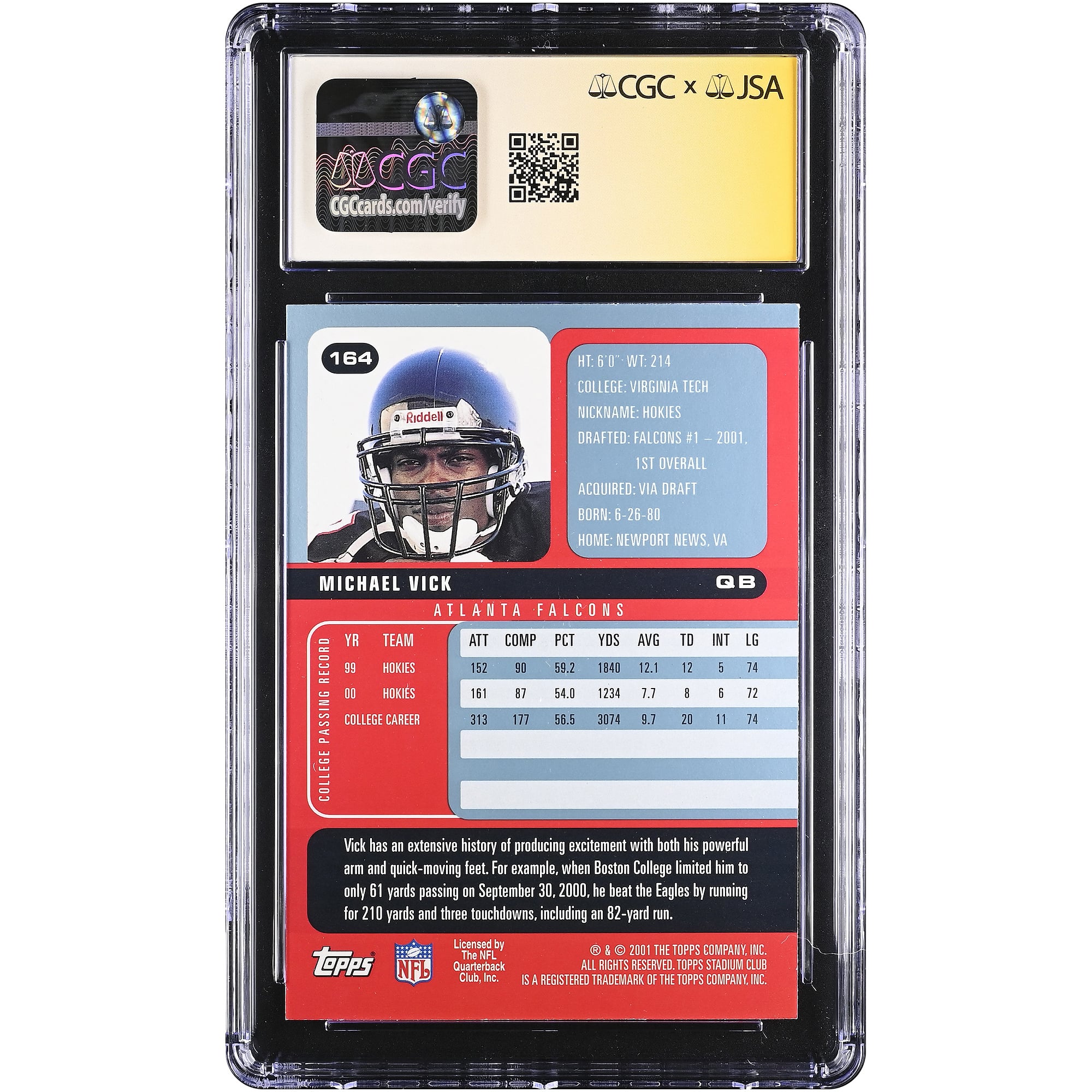 Carte de recrue Michael Vick des Falcons d'Atlanta, autographiée, collection Stadium Club 2001, numéro 164, authentifiée CGC Fanatics Witnessed (9/10).