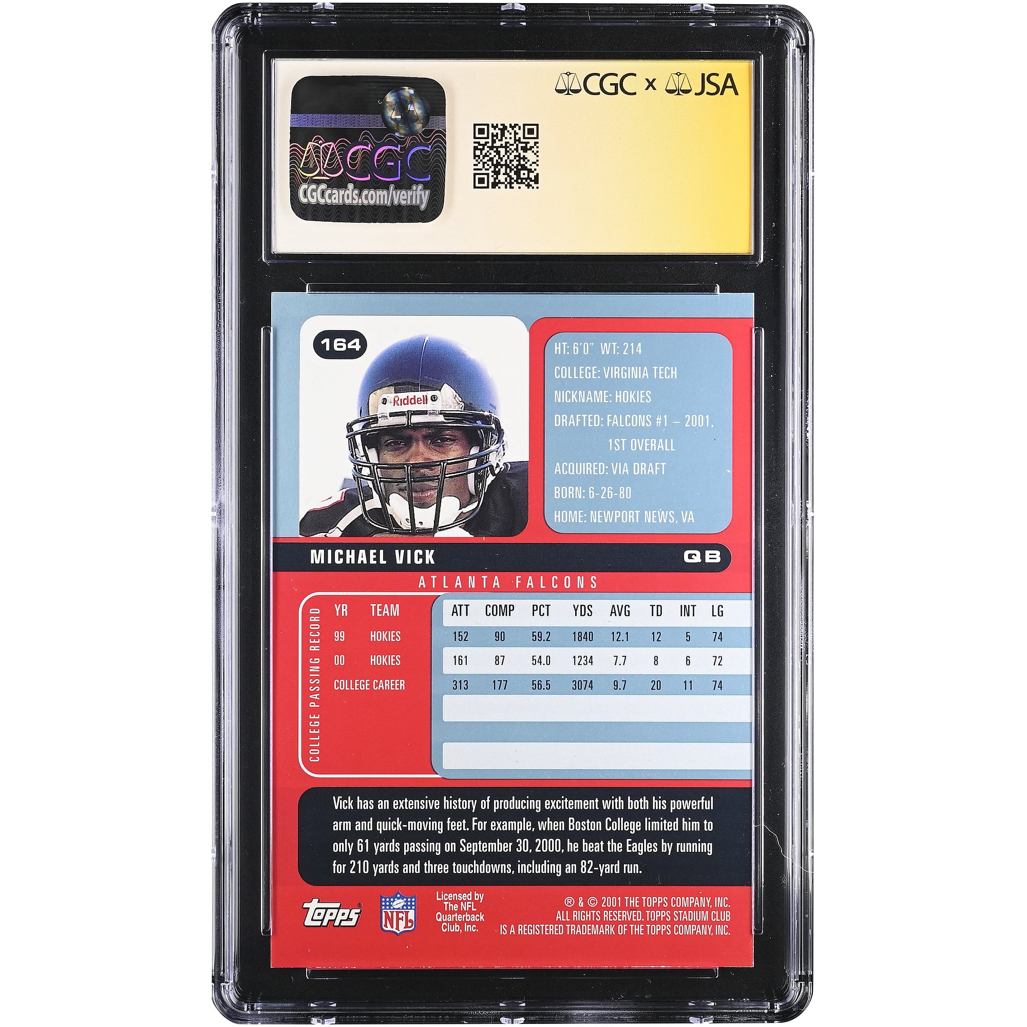 Carte de recrue autographiée de Michael Vick (Atlanta Falcons), collection Stadium Club 2001, numéro 164, certifiée CGC Fanatics Witnessed AUTO 10