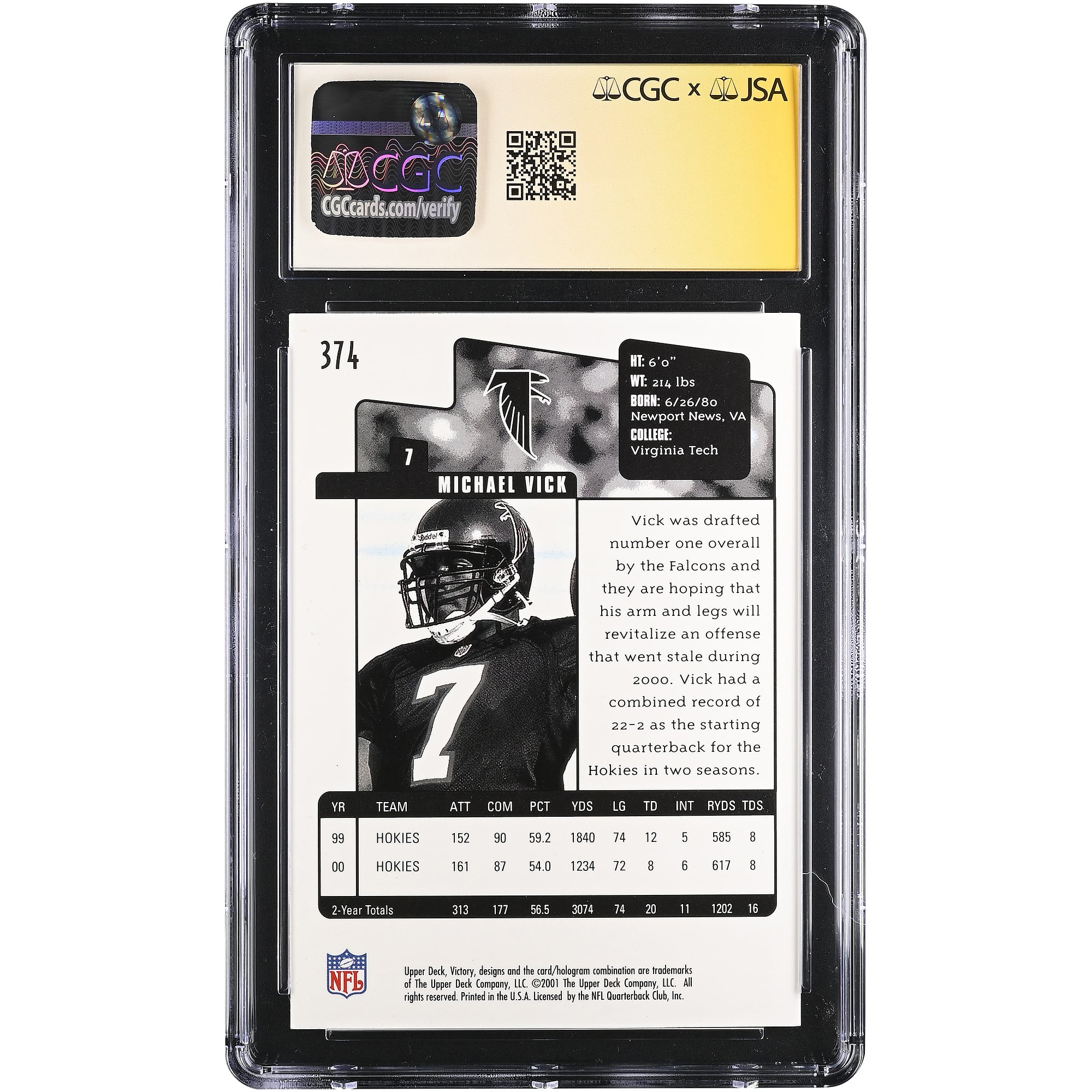 Carte de recrue autographiée de Michael Vick (Atlanta Falcons), 2001 Upper Deck Victory n° 374, certifiée CGC Fanatics Witnessed AUTO 10