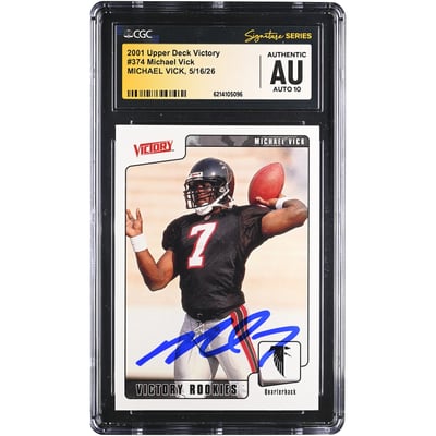 Michael Vick Atlanta Falcons Autographed 2001 Upper Deck Victory #374 CGC Fanatics Witnessed Authenticated AUTO 10 Rookie Card