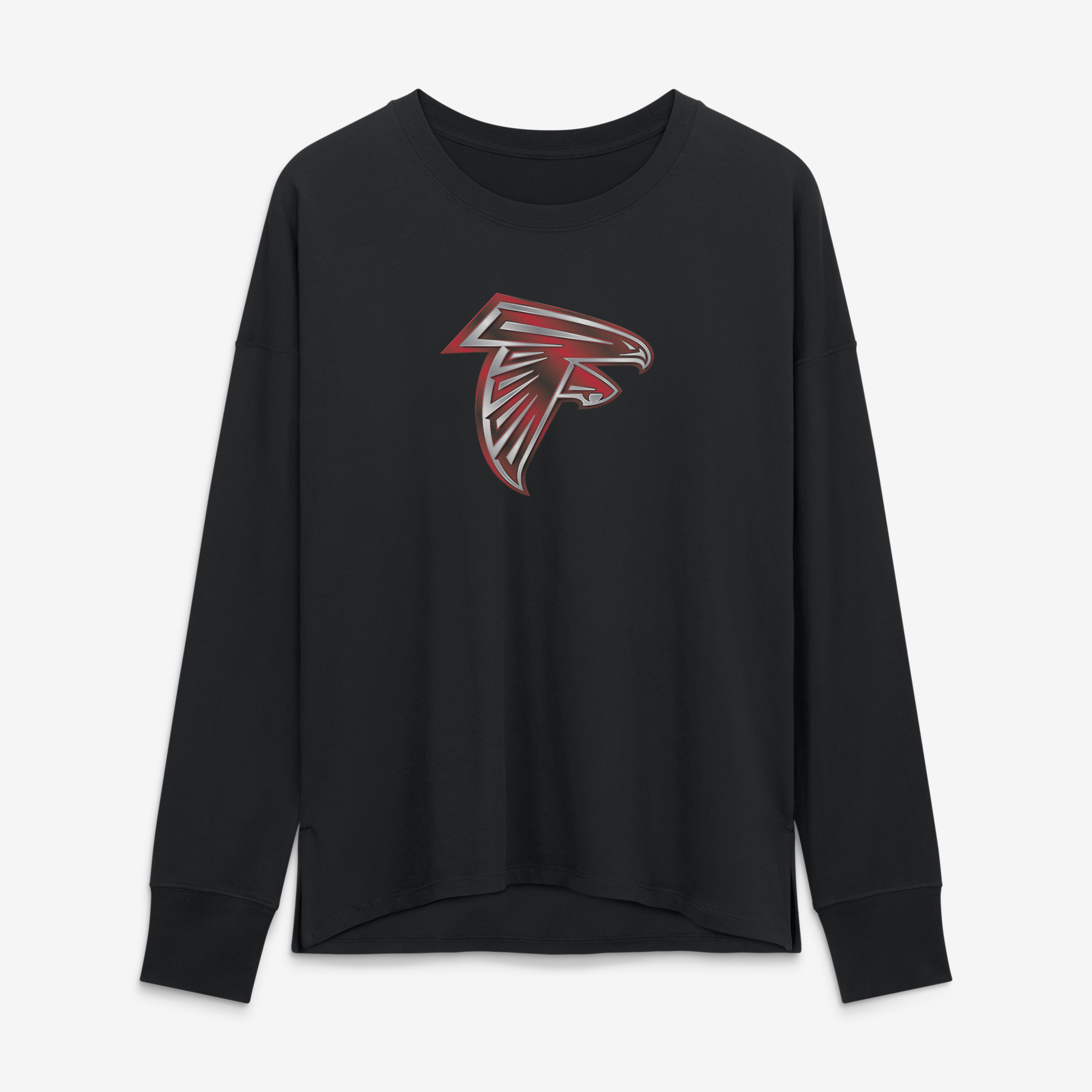 T-shirt à manches longues noir pour femmes avec mascotte métallique des Falcons d'Atlanta
