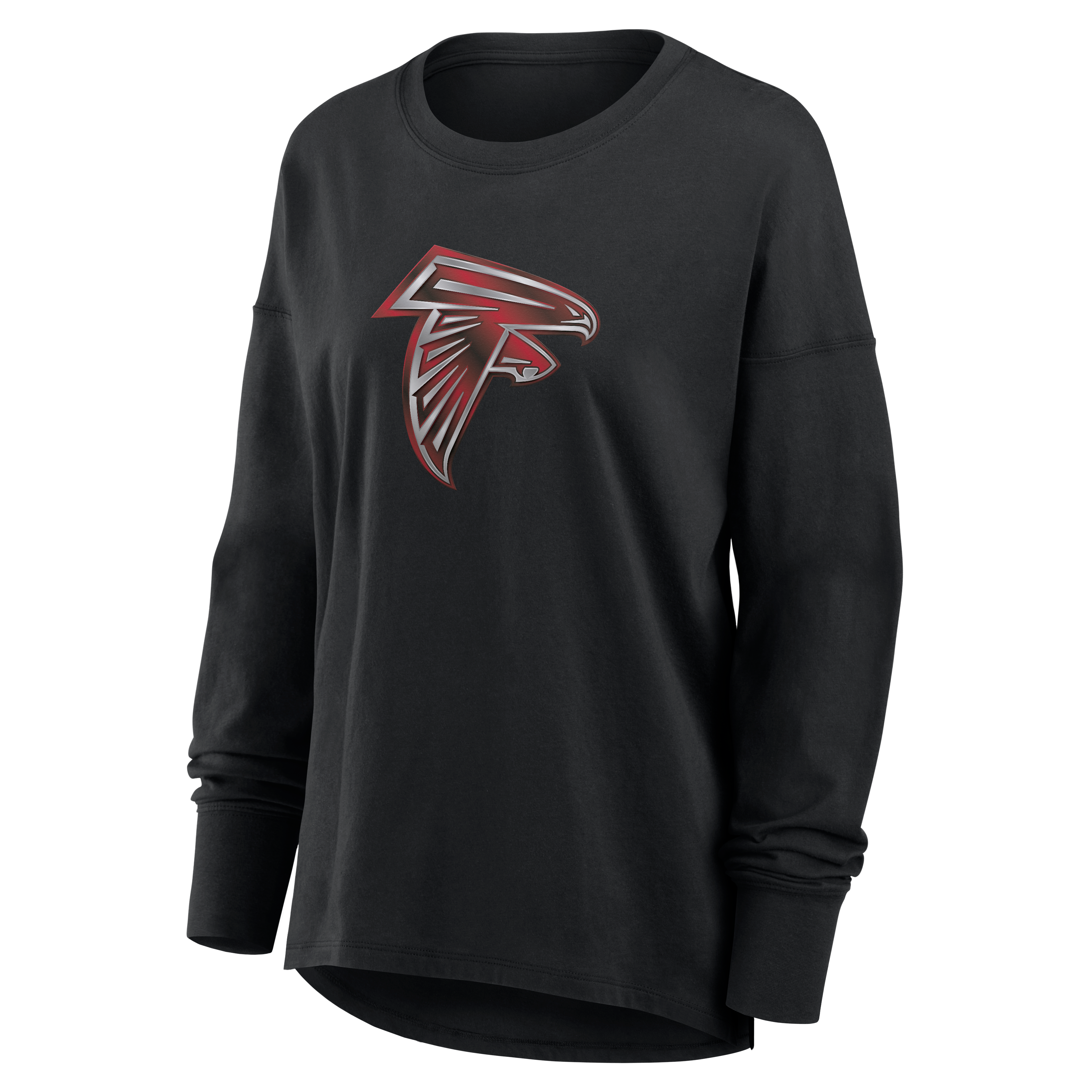 T-shirt à manches longues noir pour femmes avec mascotte métallique des Falcons d'Atlanta