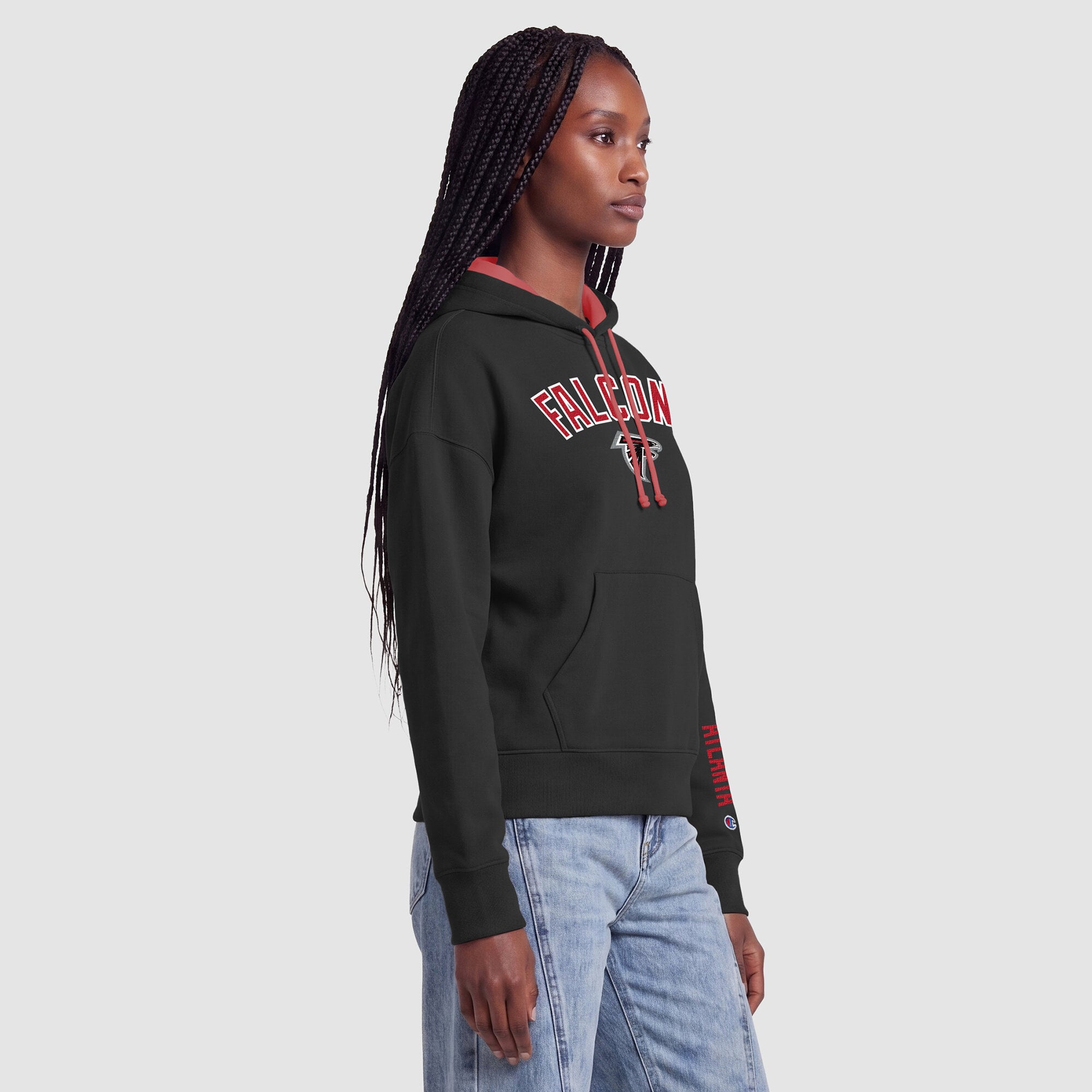 Sweat à capuche Champion noir et rouge pour femme, doublure contrastée des Falcons d'Atlanta