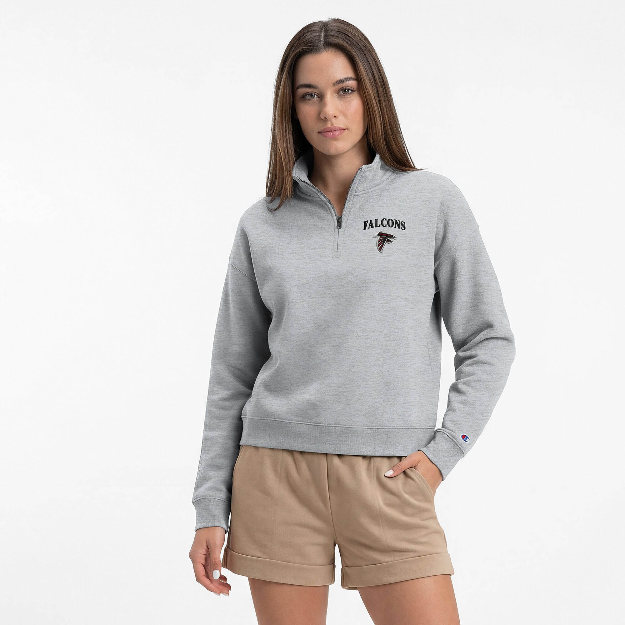 Sweat-shirt à col zippé Champion gris chiné pour femme, Atlanta Falcons, Powerblend